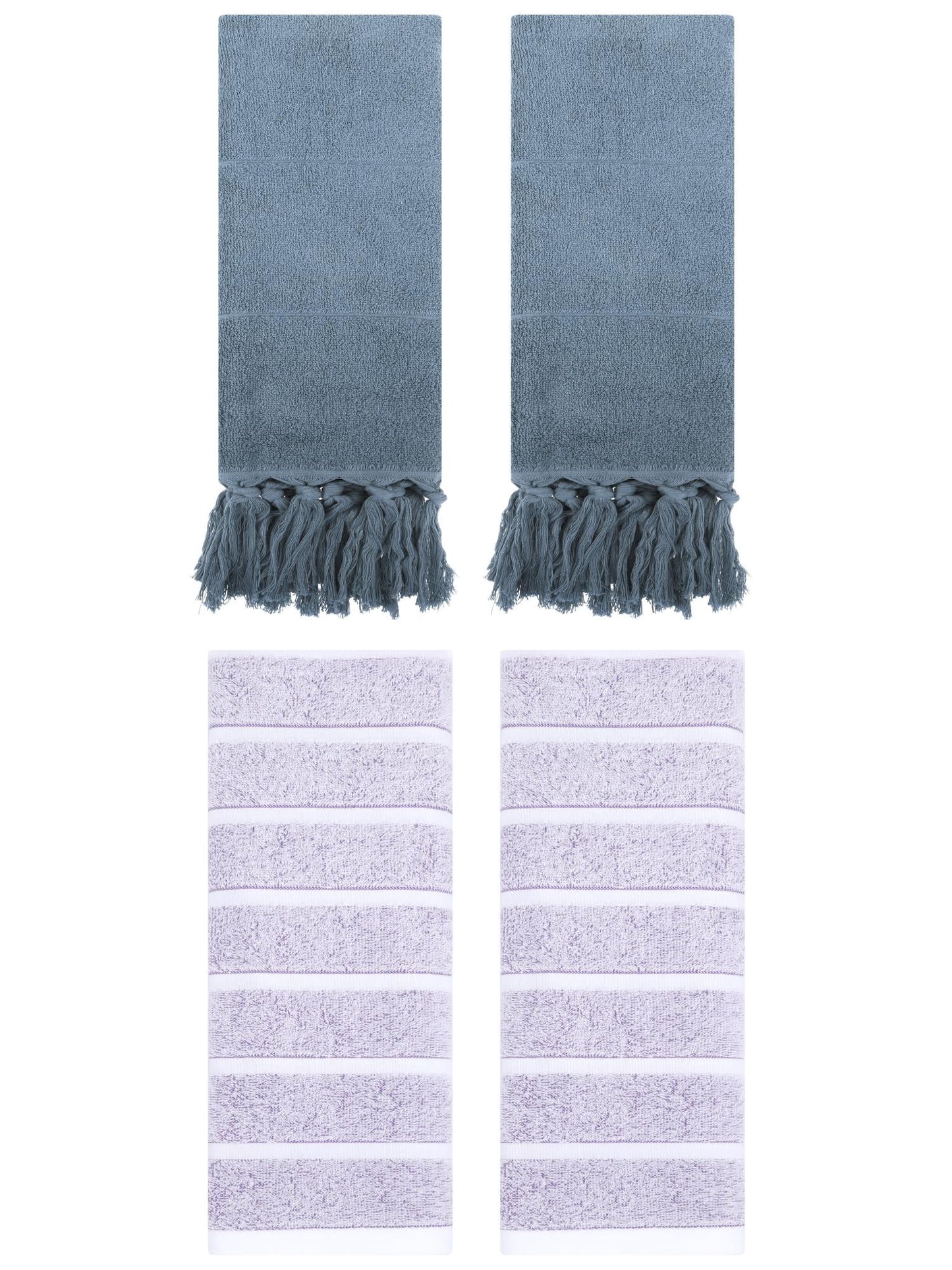 Unique Bargains 4 Pack Striped and Solid Absorbent Soft Cotton Hand Towel for Bathroom Blue/Light Purple 14" x 30"/13" x 29"