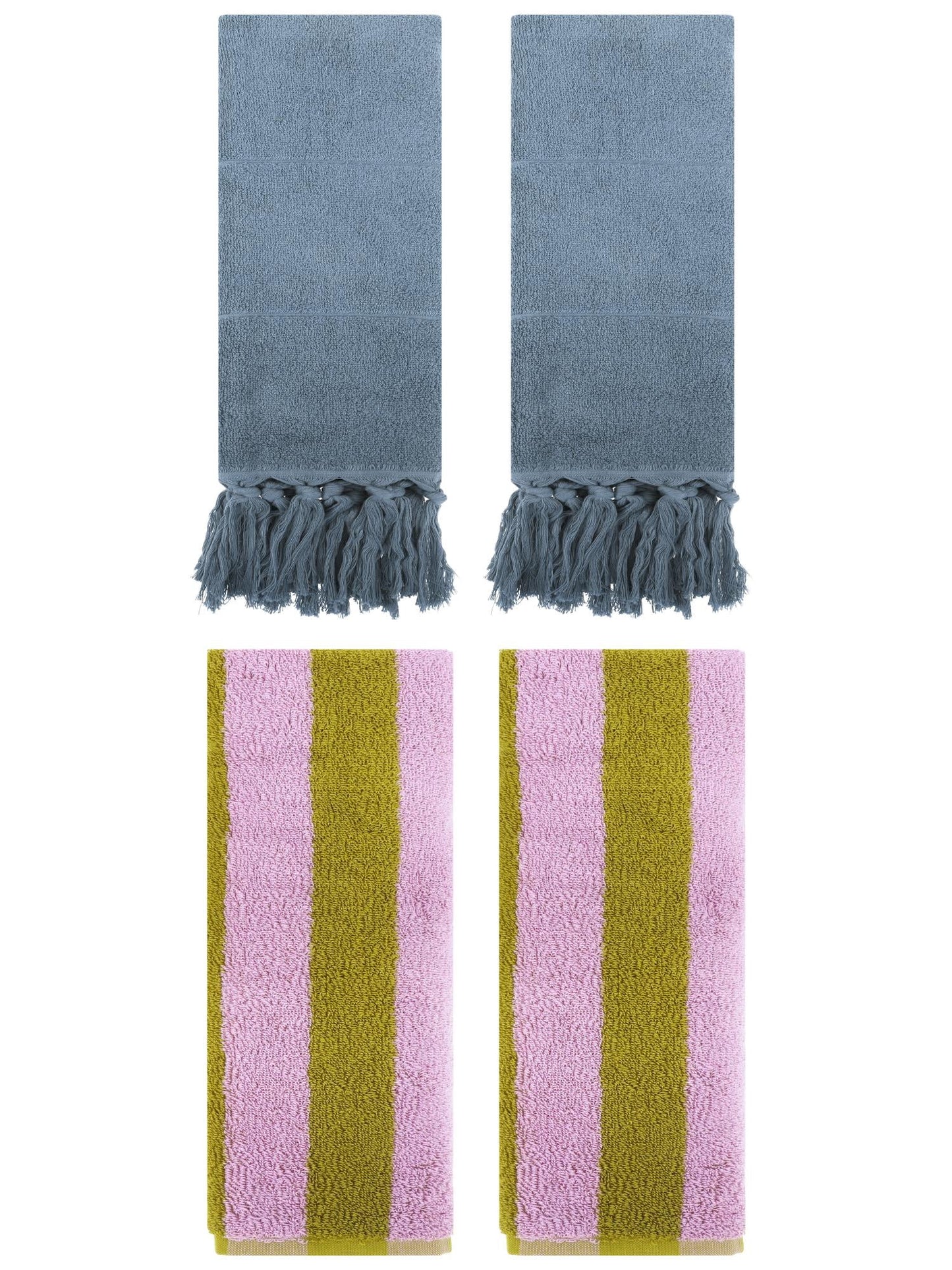 Unique Bargains 4 Pack Striped and Solid Tassels Cotton Hand Towel for Bathroom Blue/Pink Brown