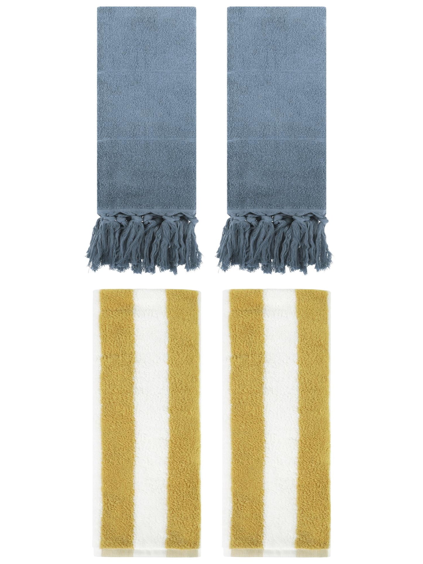 Unique Bargains 4 Pack Striped and Solid Tassels Cotton Hand Towel for Bathroom Blue/Yellow White