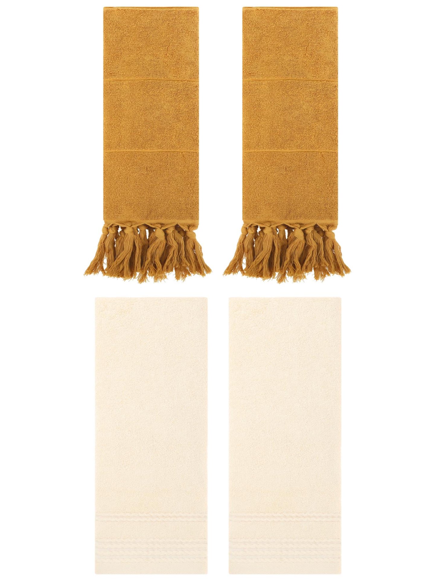 Unique Bargains 4 Packs Striped Tassels Hand Towels 14" x 30" Yellow/Beige