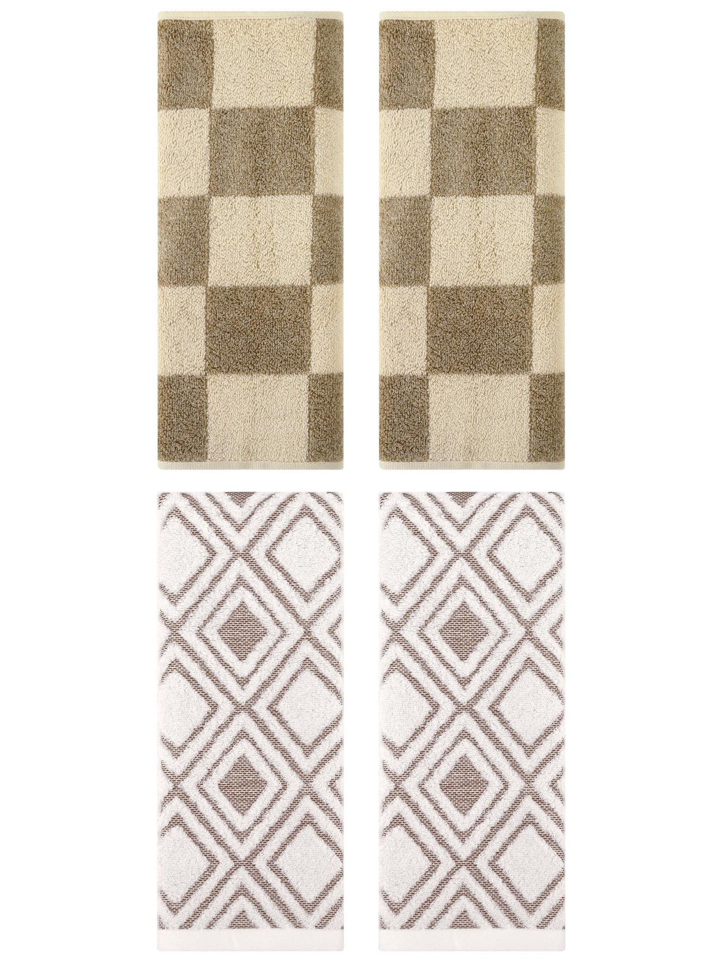 Unique Bargains 4 Pcs Checkered Cotton Hand Towel Set Brown/Beige 14" x 28"/13" x 29"