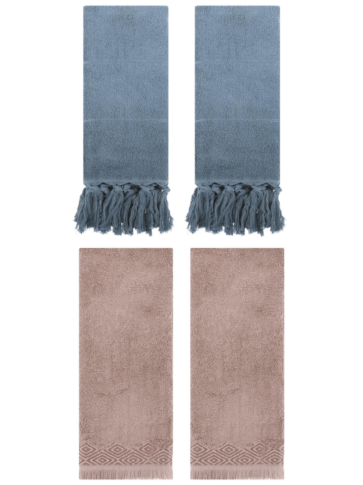 Unique Bargains 4 Pack Cotton Absorbent Soft Turkish Hand Towels with tassel for Bathroom Blue/Brown 14" x 30"/13" x 29"