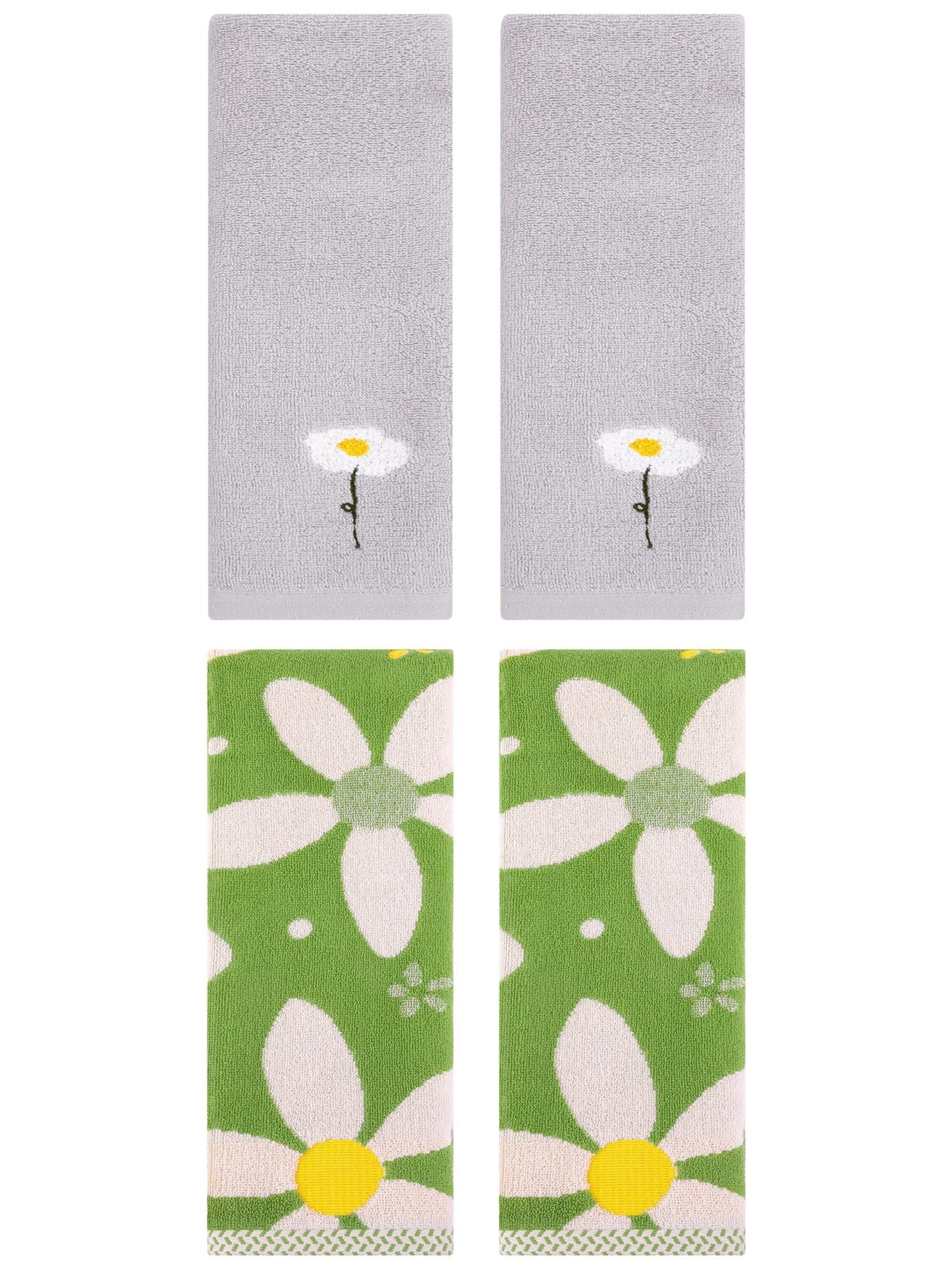 Unique Bargains 4 Pcs Cotton Floral Hand Towel Grey/Green 13" x 30"/13" x 29"