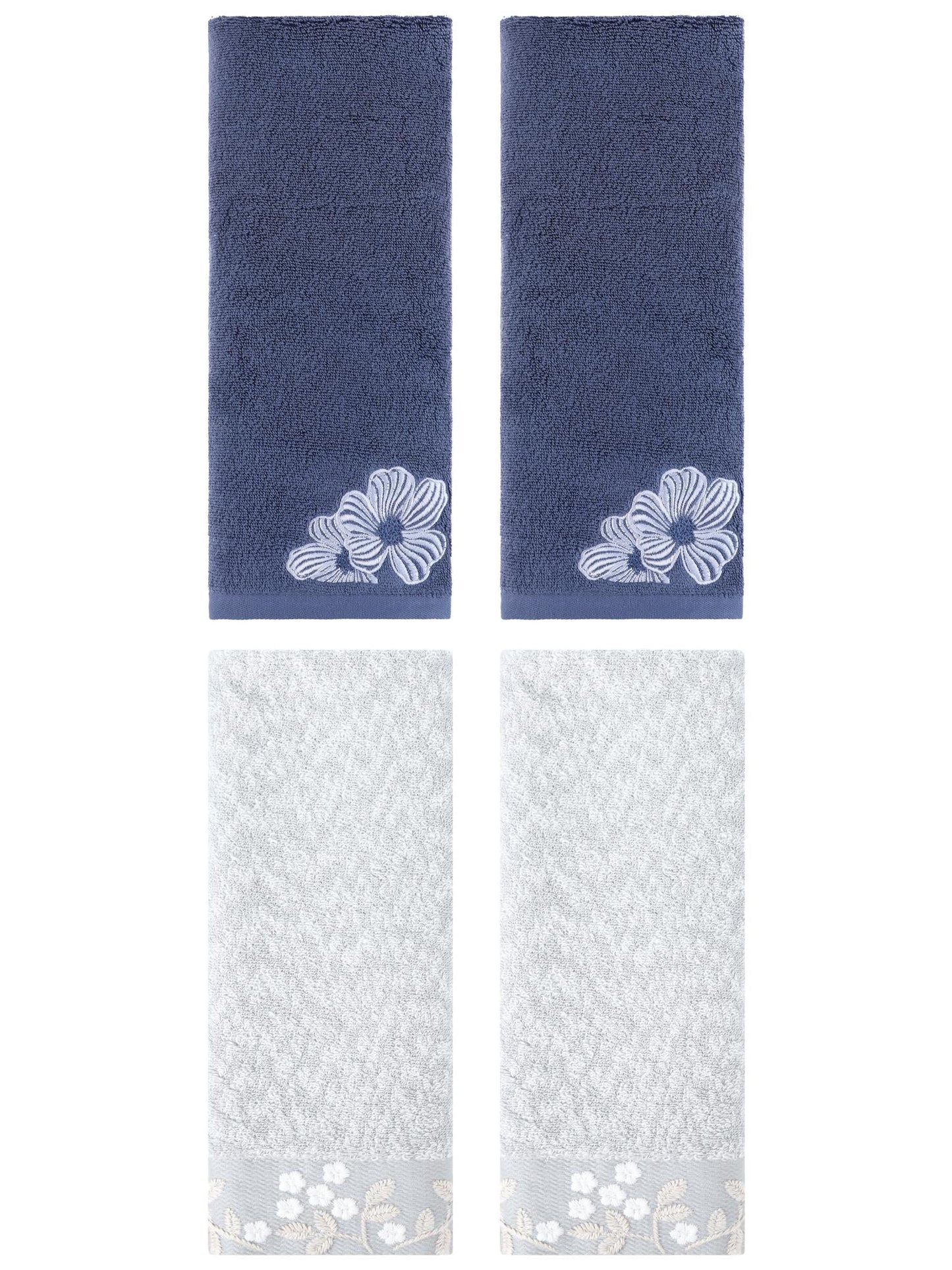 Unique Bargains 4 Pcs Cotton Floral Soft Hand Towel Set Grey/Navy Blue 14" x 28"/14" x 31"
