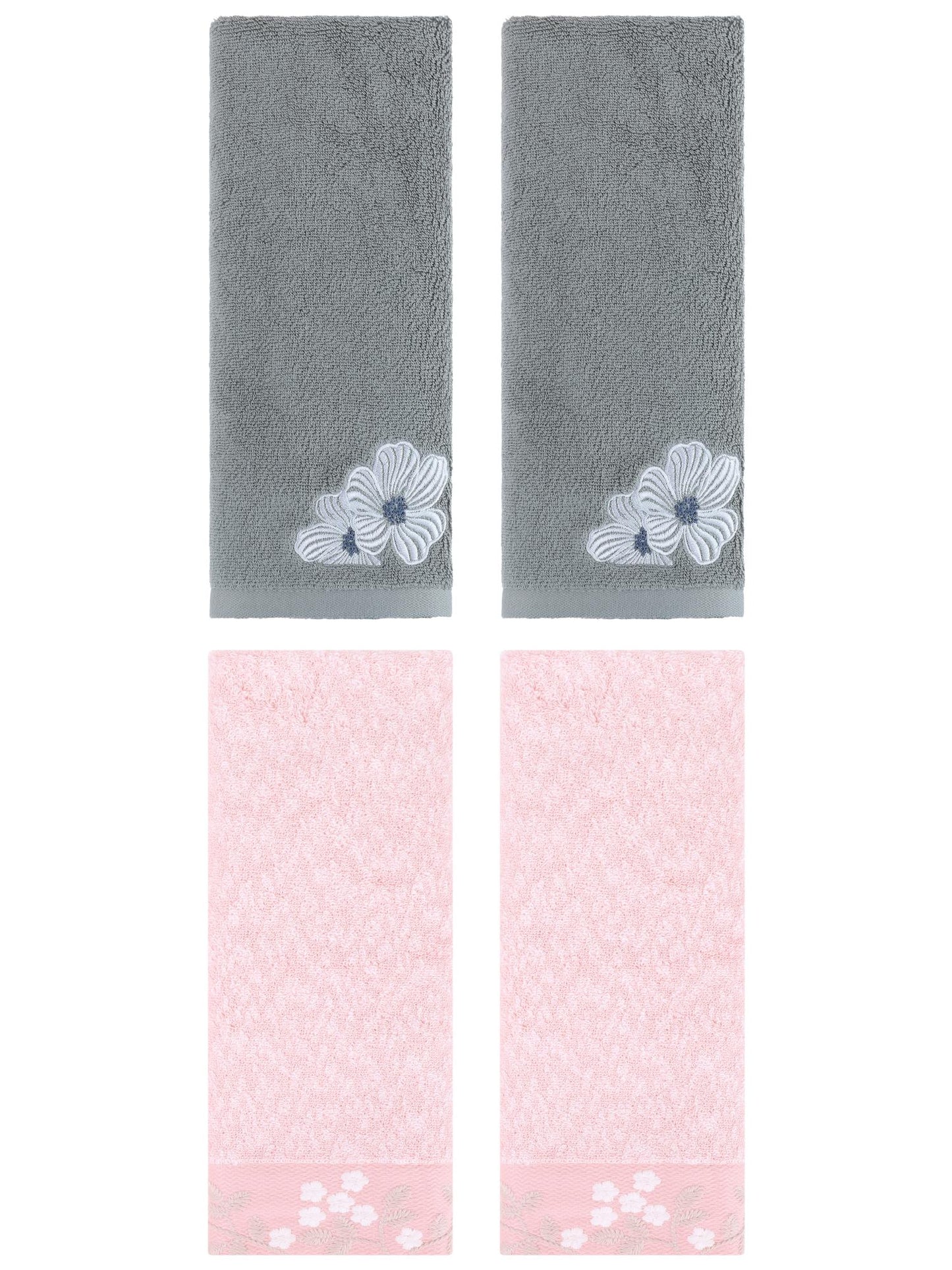 Unique Bargains 4 Pcs Cotton Floral Soft Hand Towel Set Pink/Khaki 14" x 28"/14" x 31"