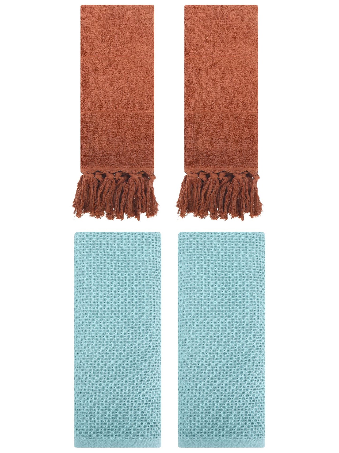 Unique Bargains 4 Pcs Cotton Hand Towels Brown/Light Blue 14" x 30"/13" x 30"