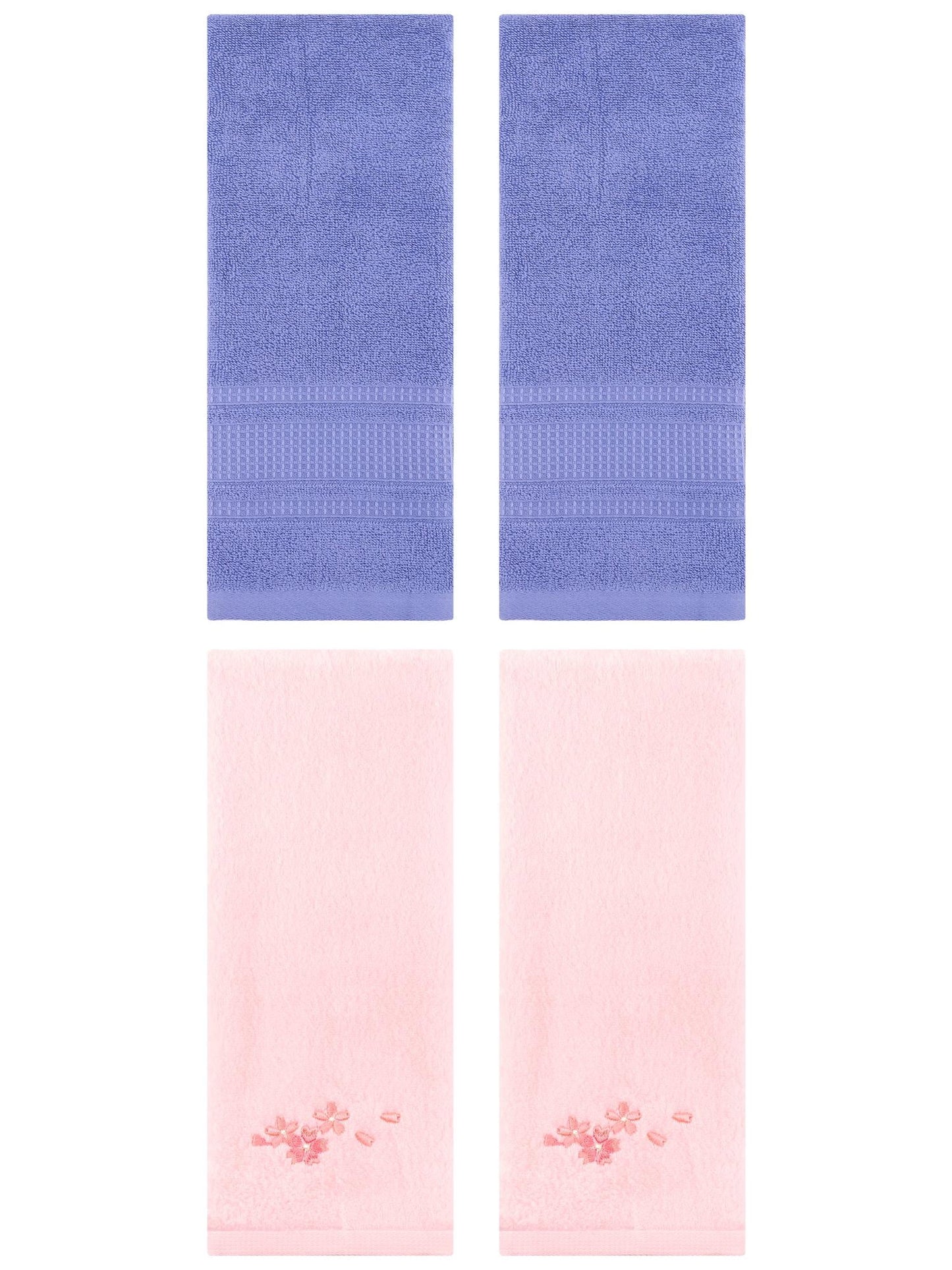 Unique Bargains 4 Pcs Cotton Soft Floral Hand Towels 13" x 29" Pink/Dark Blue