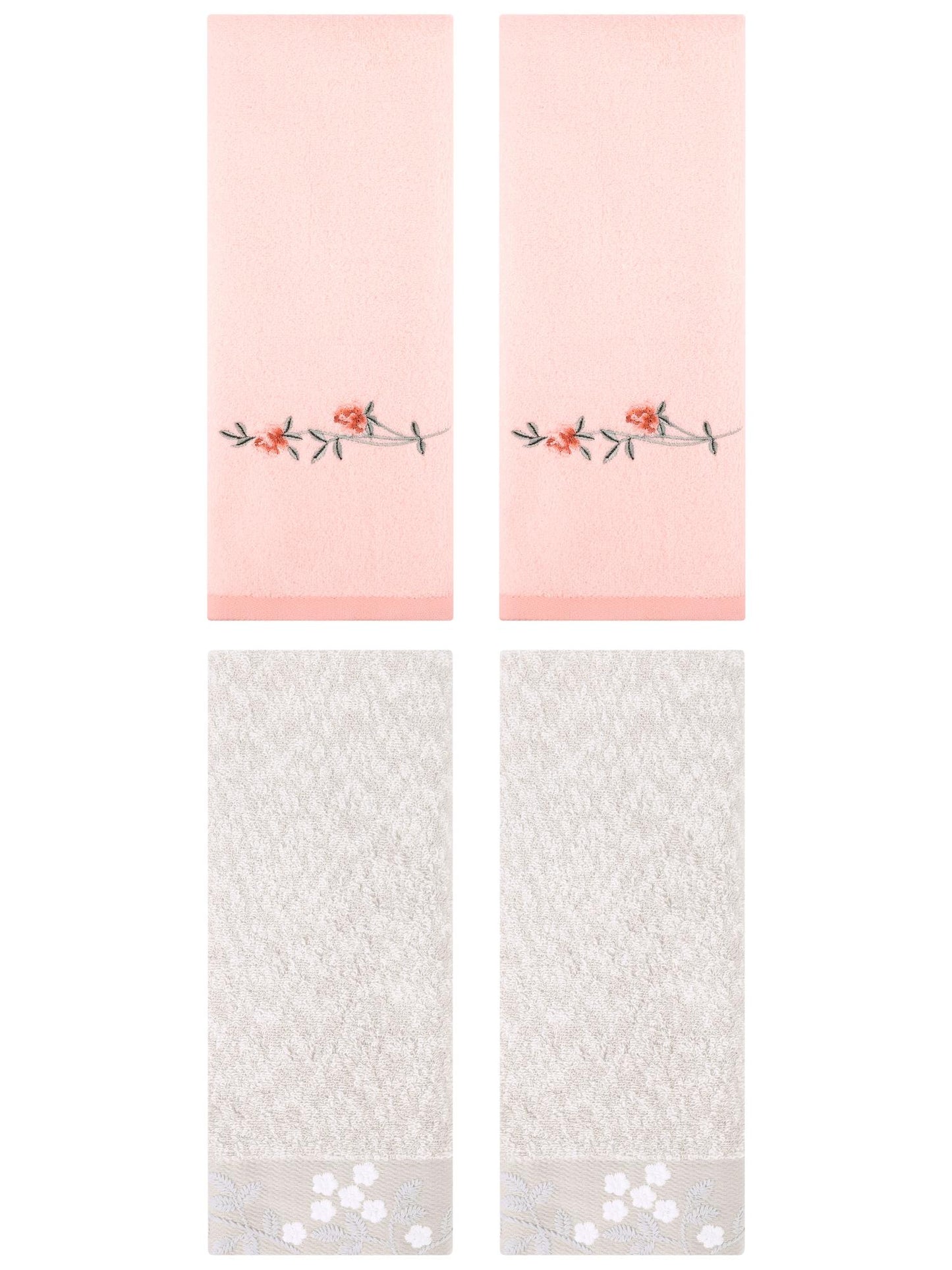 Unique Bargains 4 Pcs FloralCotton Hand Towels Decor Light Brown/Pink 14" x 28"/15" x 30"