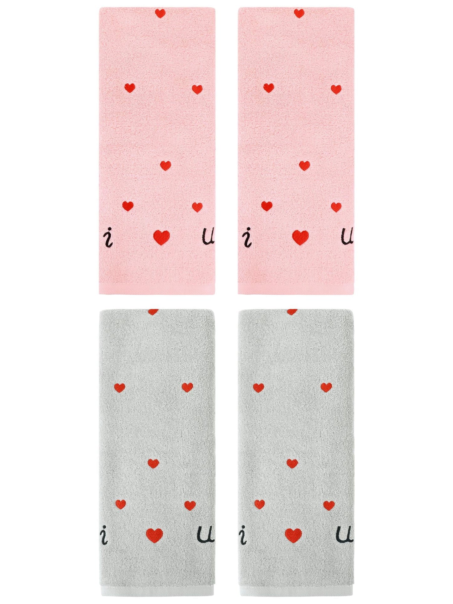Unique Bargains 4 Pcs Letter Heart Pattern Hand Towels Pink/Light Grey 13" x 29"