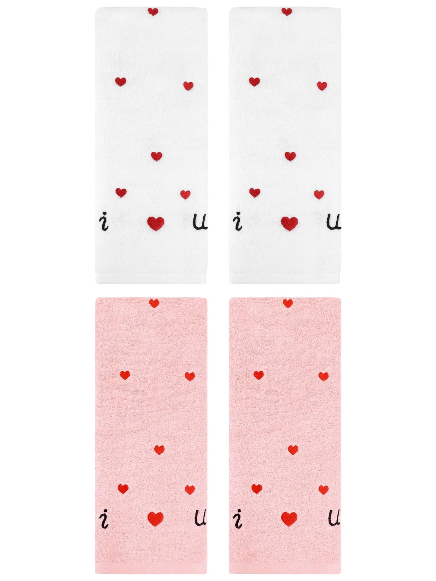 Unique Bargains 4 Pcs Letter Heart Pattern Hand Towels Pink/White 13" x 29"