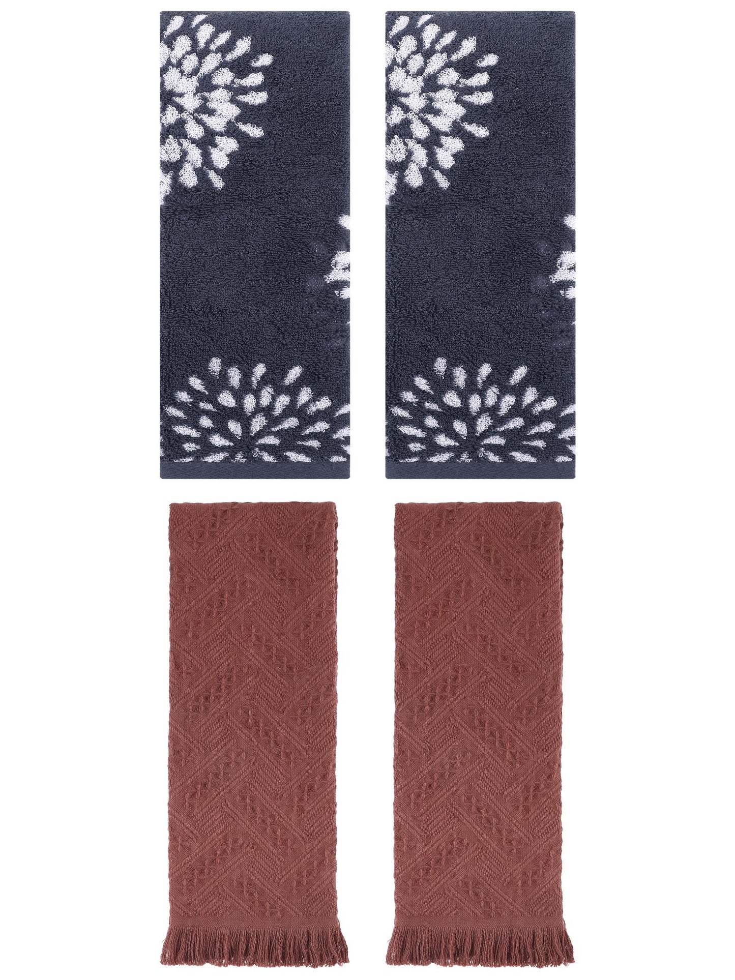 Unique Bargains 4 Pcs Pure Cotton Hand Towel, Kitchen Blue/Brown 14" x 30"/13" x 29"