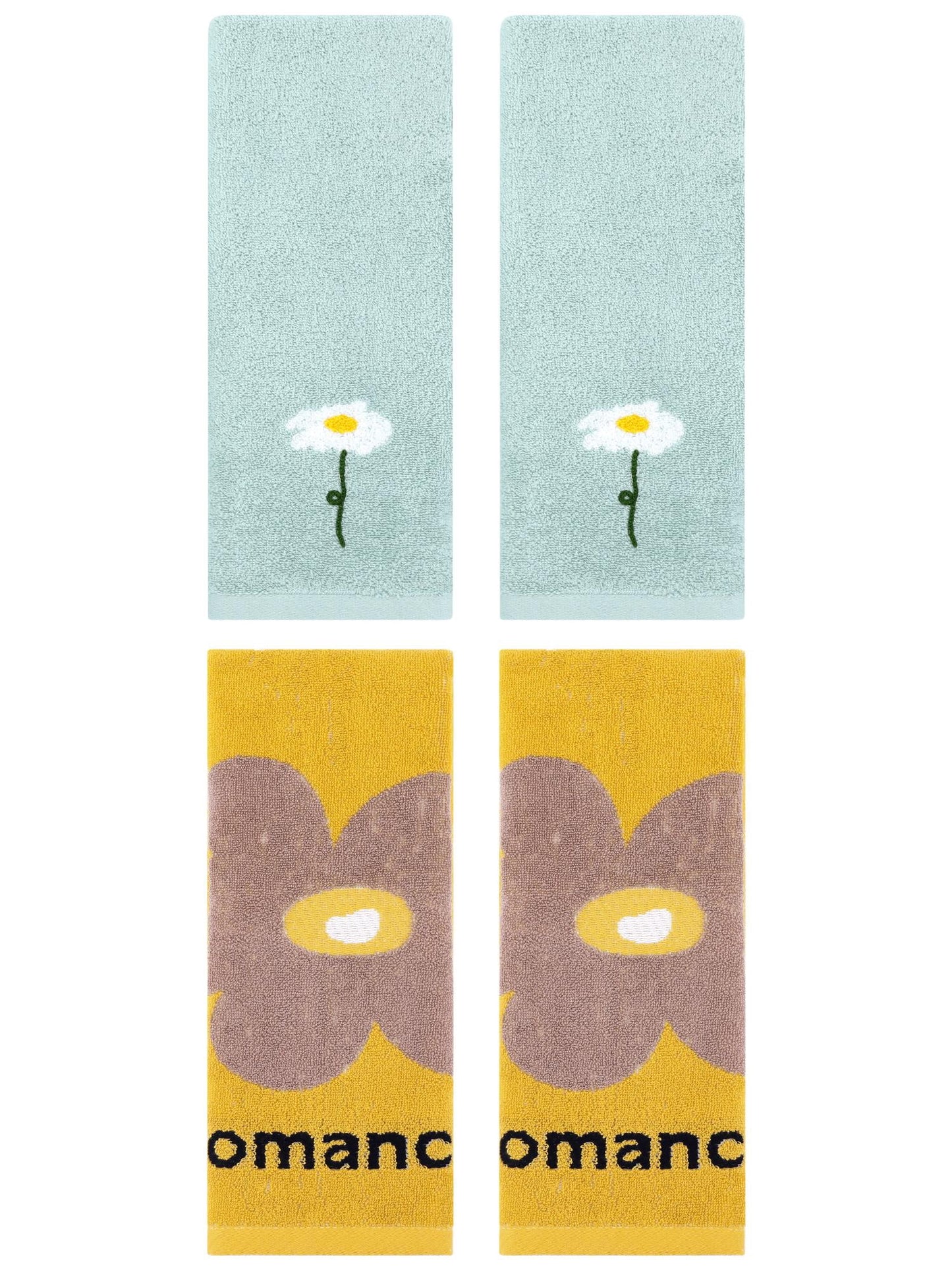 Unique Bargains 4 Pcs Soft Absorbent Floral Pattern Cotton Hand Towel Blue/Yellow