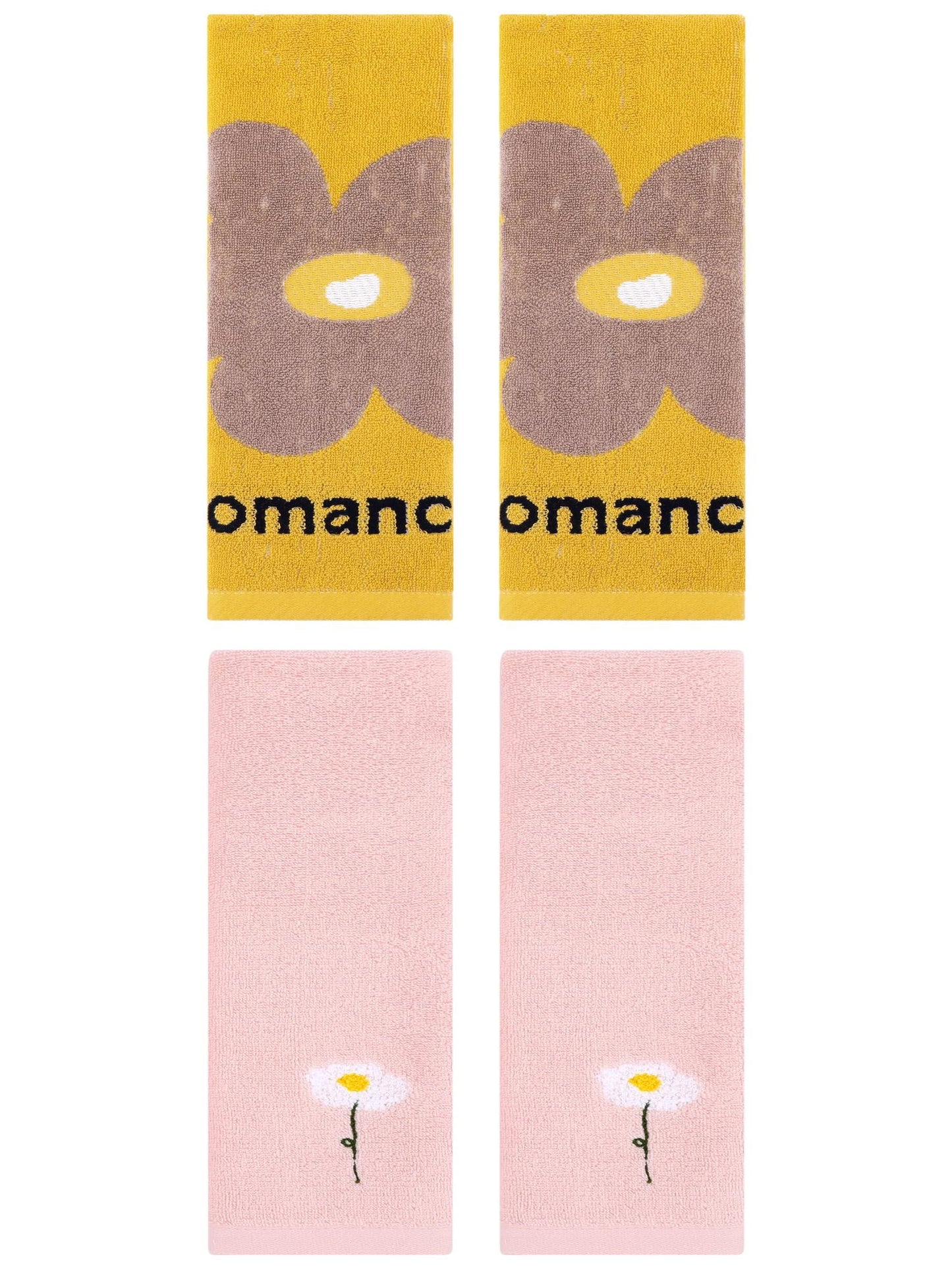 Unique Bargains 4 Pcs Soft Absorbent Floral Pattern Cotton Hand Towel Pink/Yellow