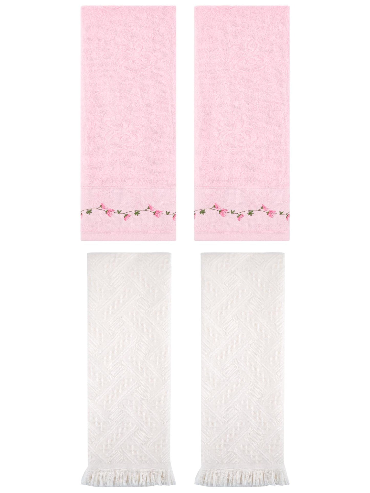Unique Bargains 4 Pcs Soft Bathroom Hand Towels 13" x 29" Pink/White