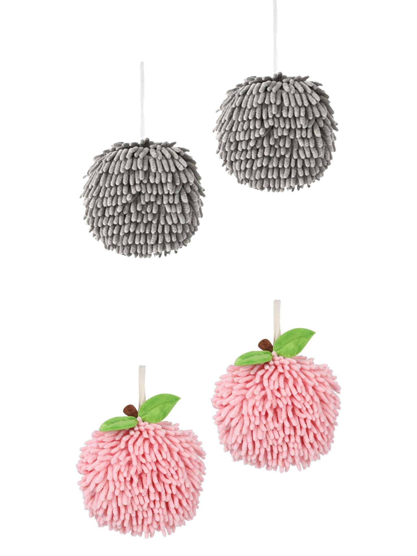 Unique Bargains 4 Pcs Soft Chenille Ball Hand Towels Grey/Pink 6" x 6"