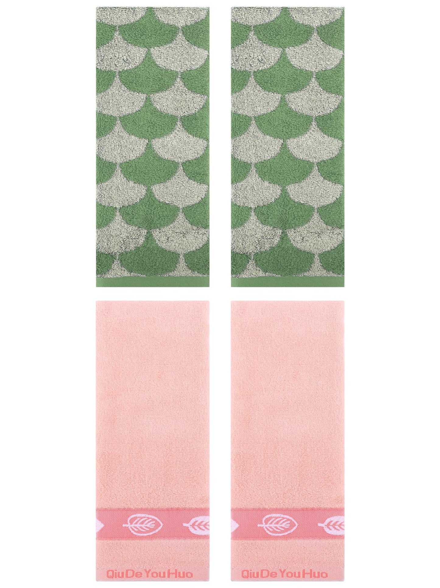 Unique Bargains 4 Pcs Soft Geometric and Leaves Hand Towel Set 13" x 29" Green/Pink