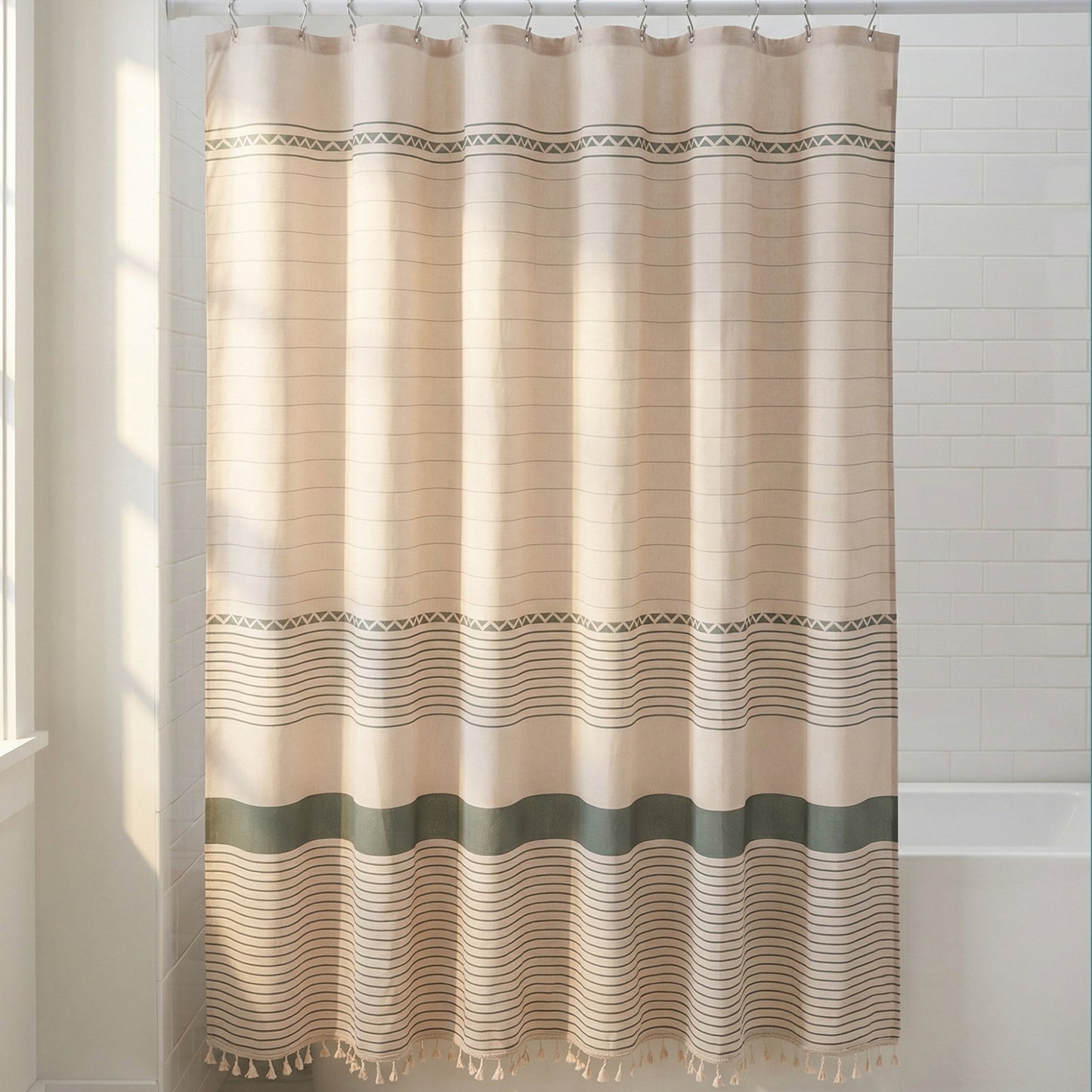 Unique Bargains Boho Striped Set with Tassels and 12 Hooks Green 71"W x 71"L