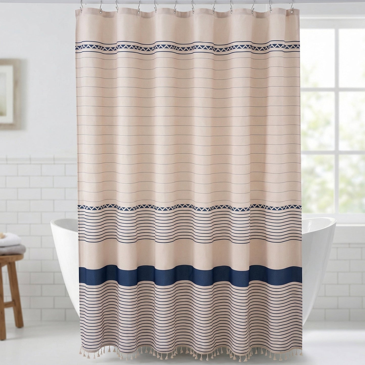 Unique Bargains Boho Striped Shower Curtain Set with Tassels and 12 Hooks Blue 71"W x 71"L