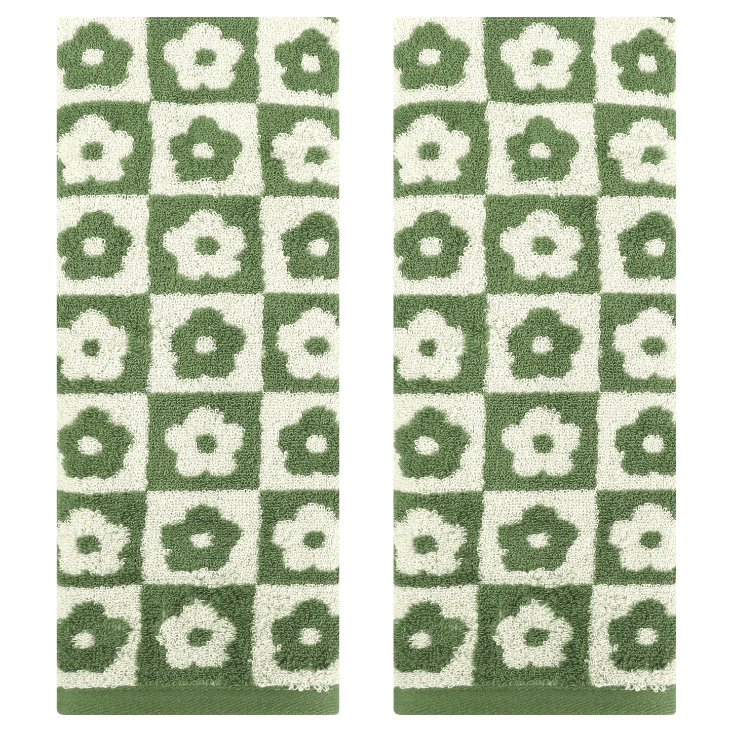Unique Bargains Checkered Floral Hand Towels Soft Absorbent Bathroom Towel Green 2-Piece