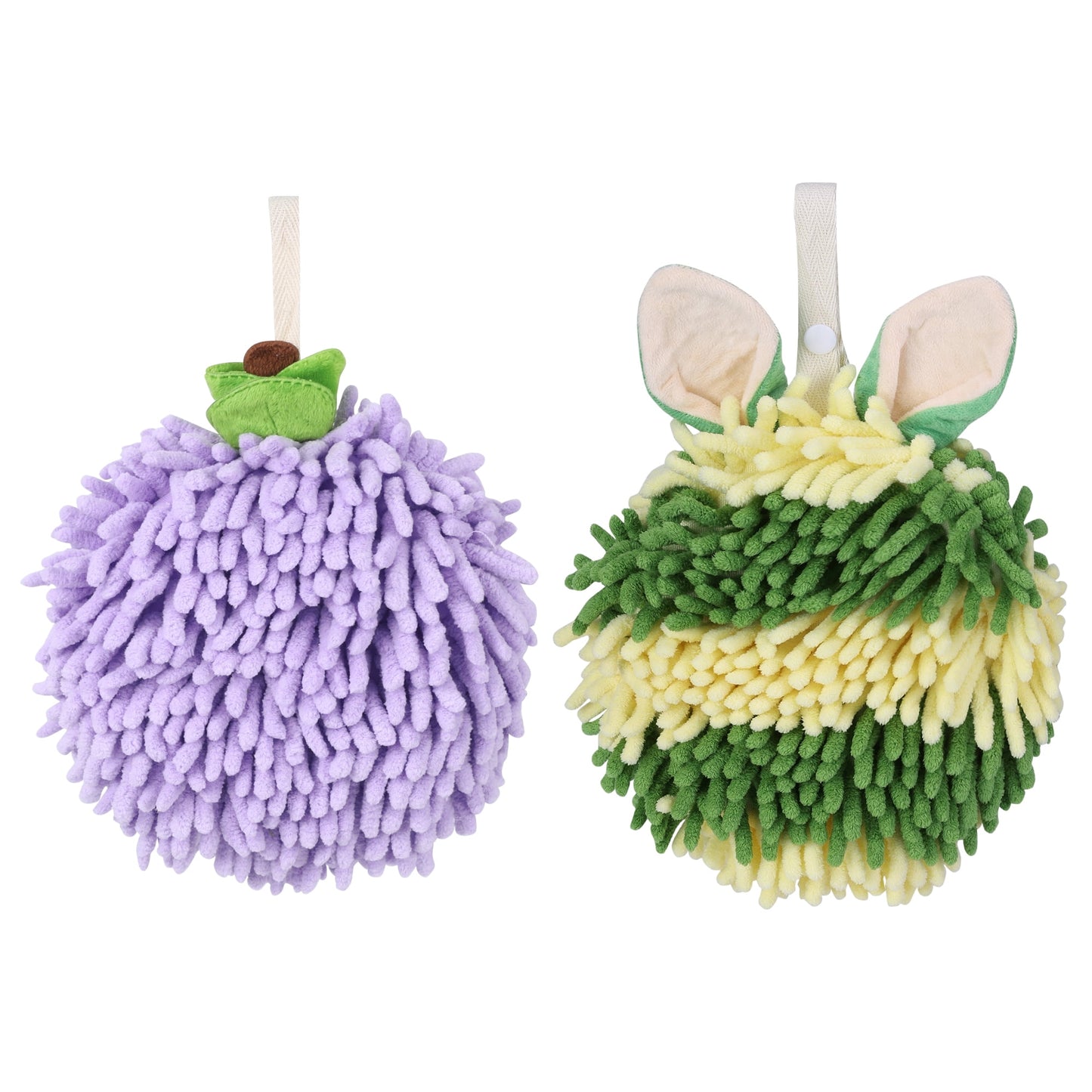 Unique Bargains Chenille Ball Fuzzy Hand Towel 2 Pcs Purple/Green 6" x 6"/7" x 7"