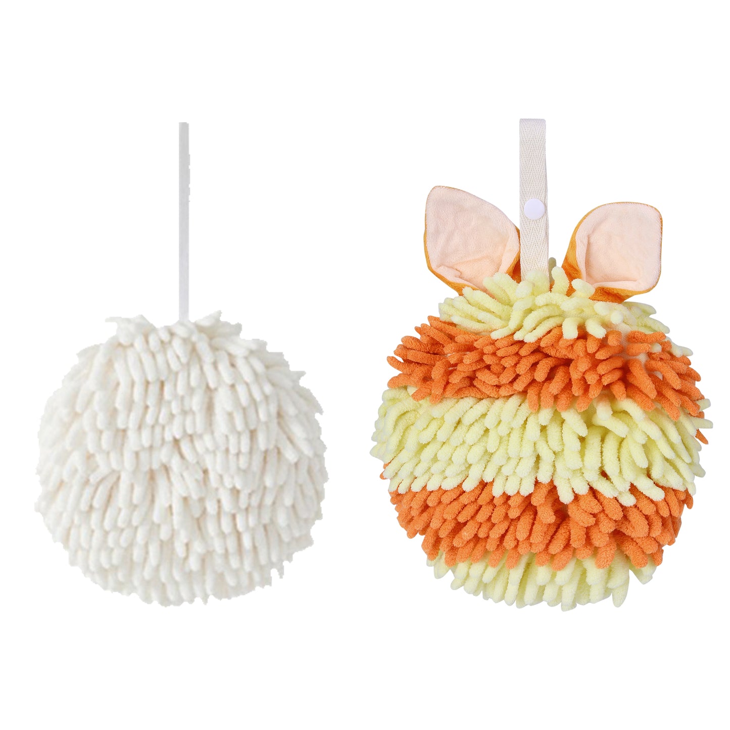 Unique Bargains Chenille Ball Fuzzy Hand Towel 2 Pcs White/Orange 6" x 6"/7" x 7"
