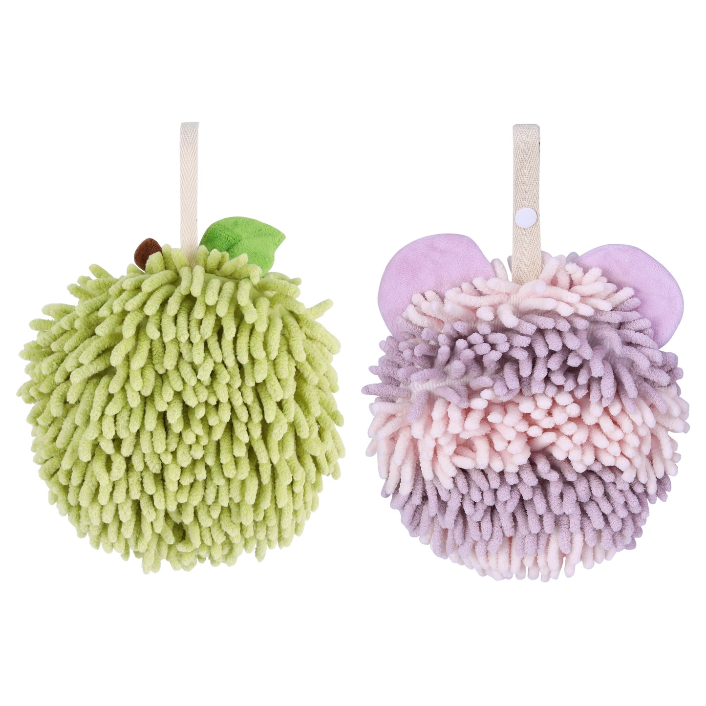 Unique Bargains Chenille Ball Hand Towel 2 Pcs Green/Purple 6" x 6"/7" x 7"