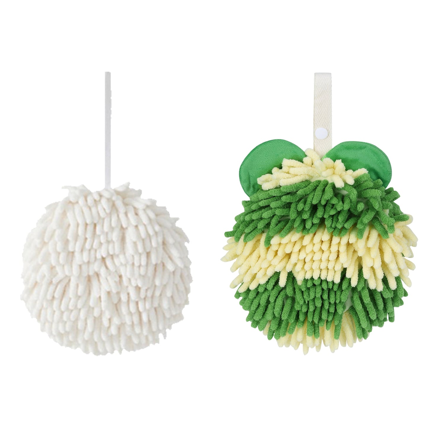 Unique Bargains Chenille Ball Hand Towel 2 Pcs White/Green 6" x 6"/7" x 7"