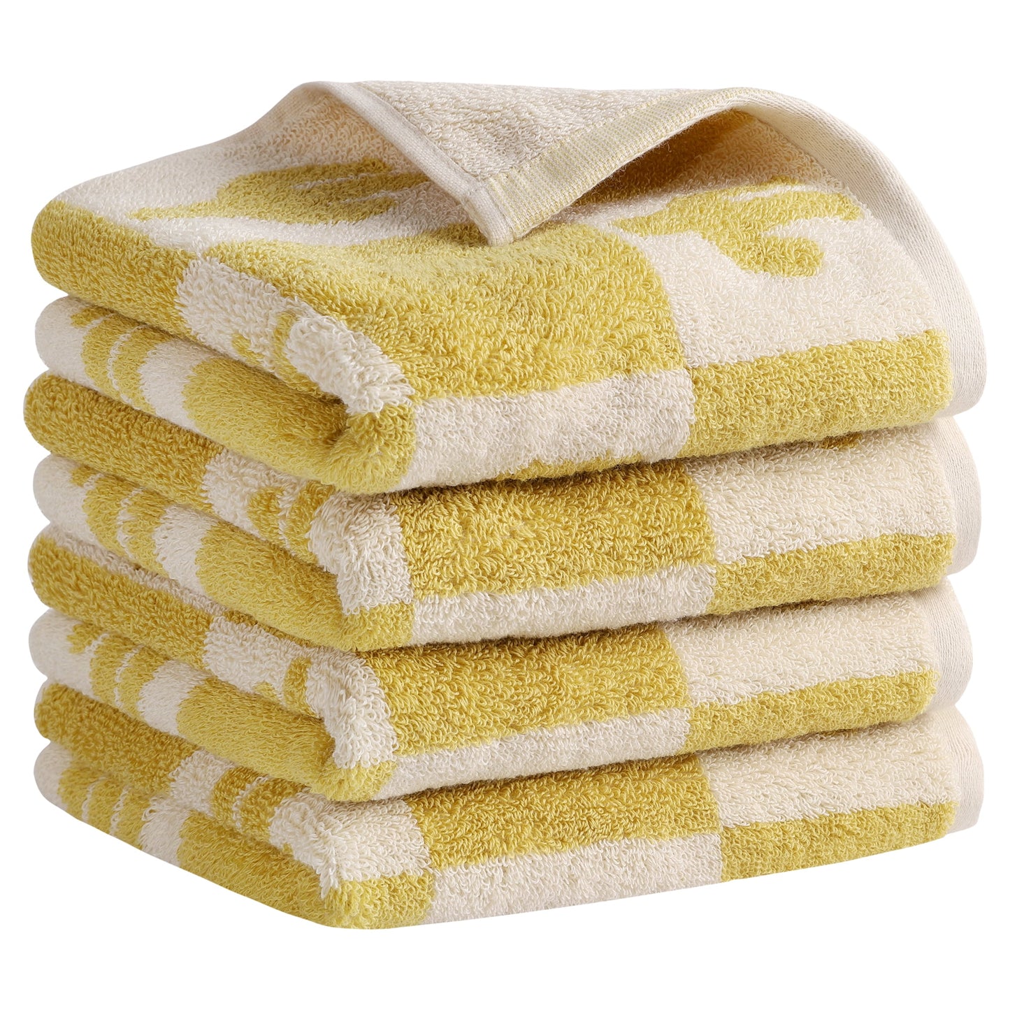 Unique Bargains Color Block Plaid Cotton Bathroom Hand Towels Yellow-Coconut Tree 4-Piece