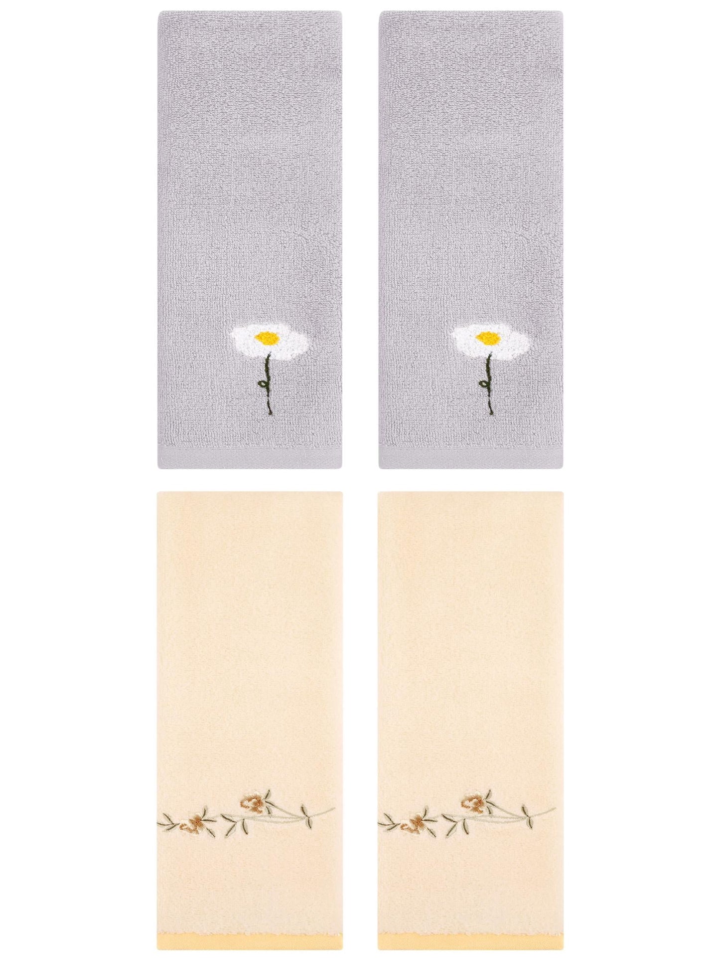 Unique Bargains Floral Cotton Hand Towel 4 Pcs Grey/Yellow 13" x 30"/15" x 30"
