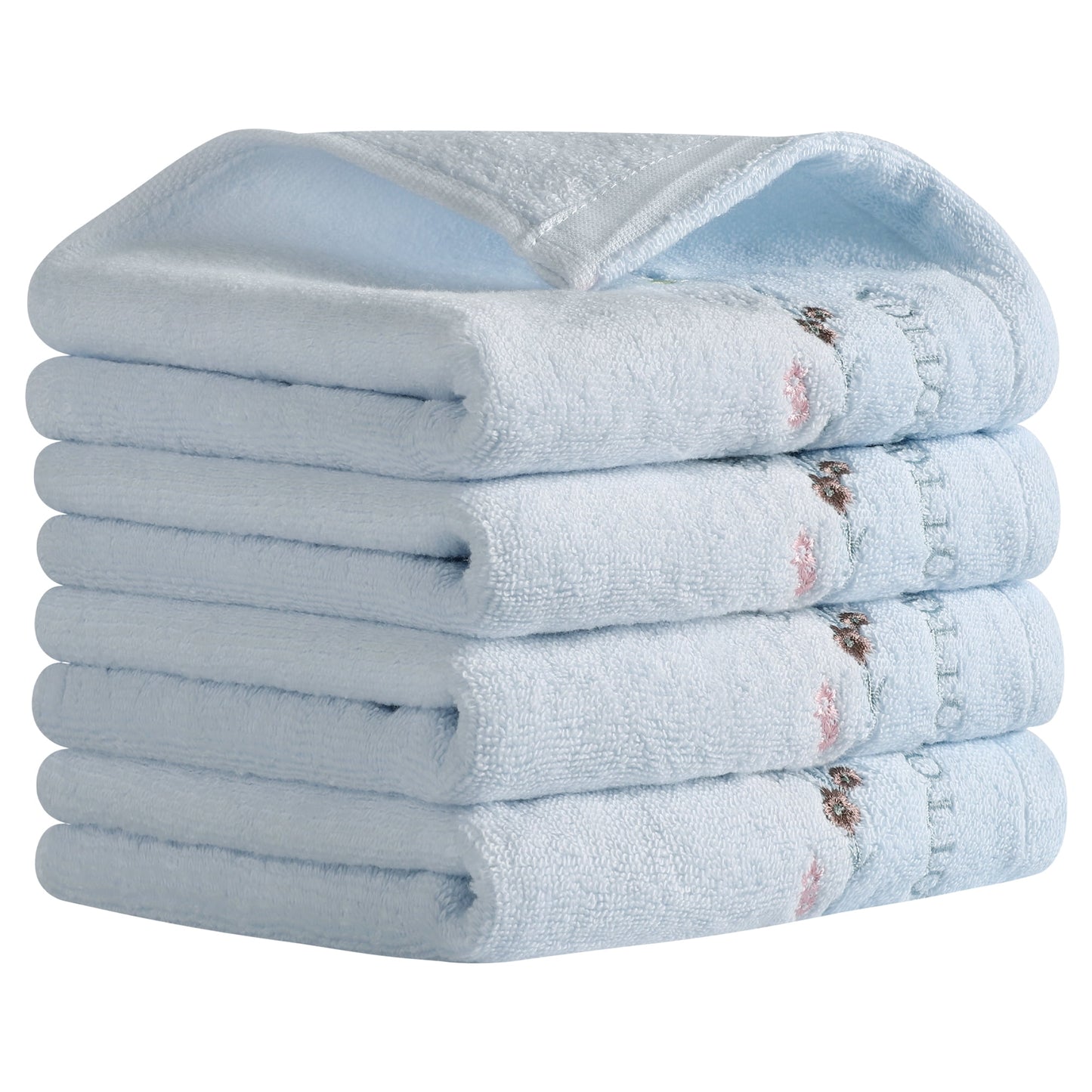 Unique Bargains Floral Embroidered Cotton Bathroom Hand Towels Blue 4-Piece