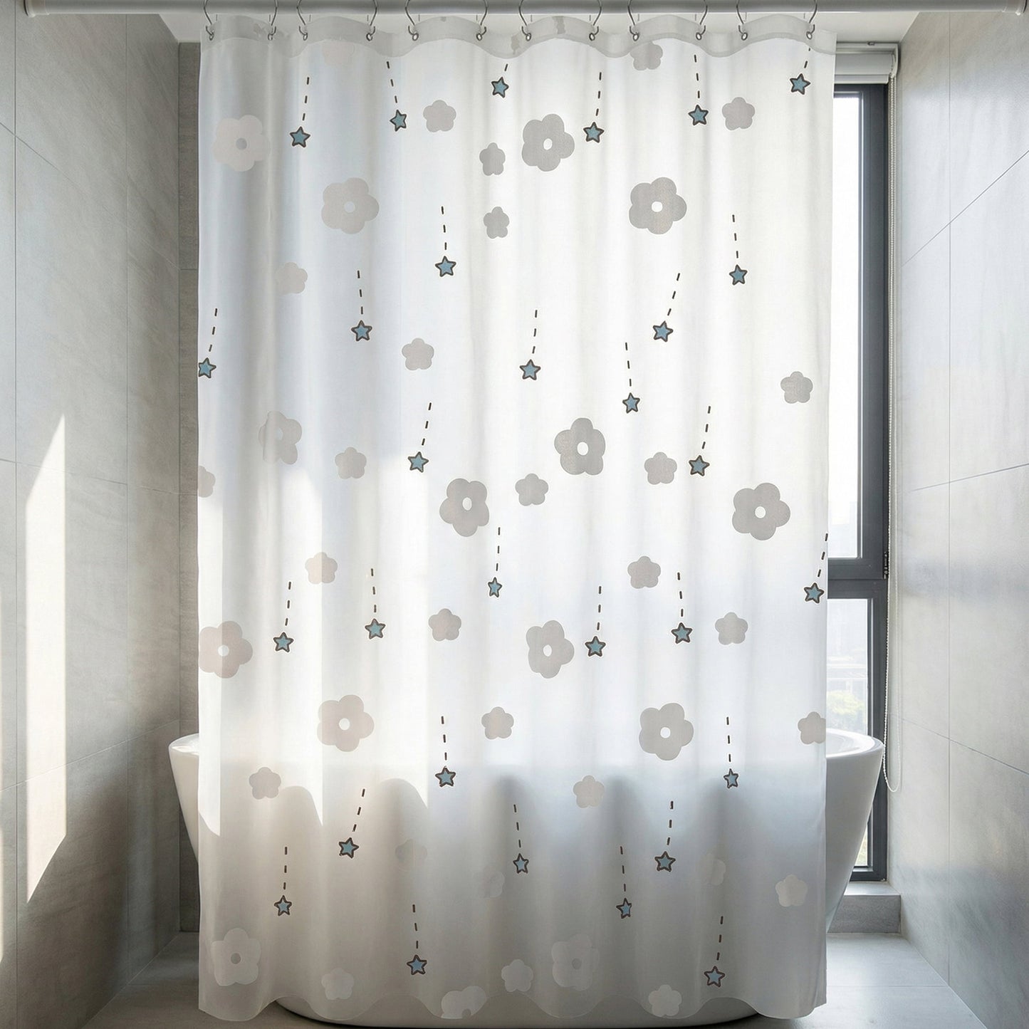 Unique Bargains Semi-Transparent PEVA Bath Curtain Sets White Flower 71"W x 71"L