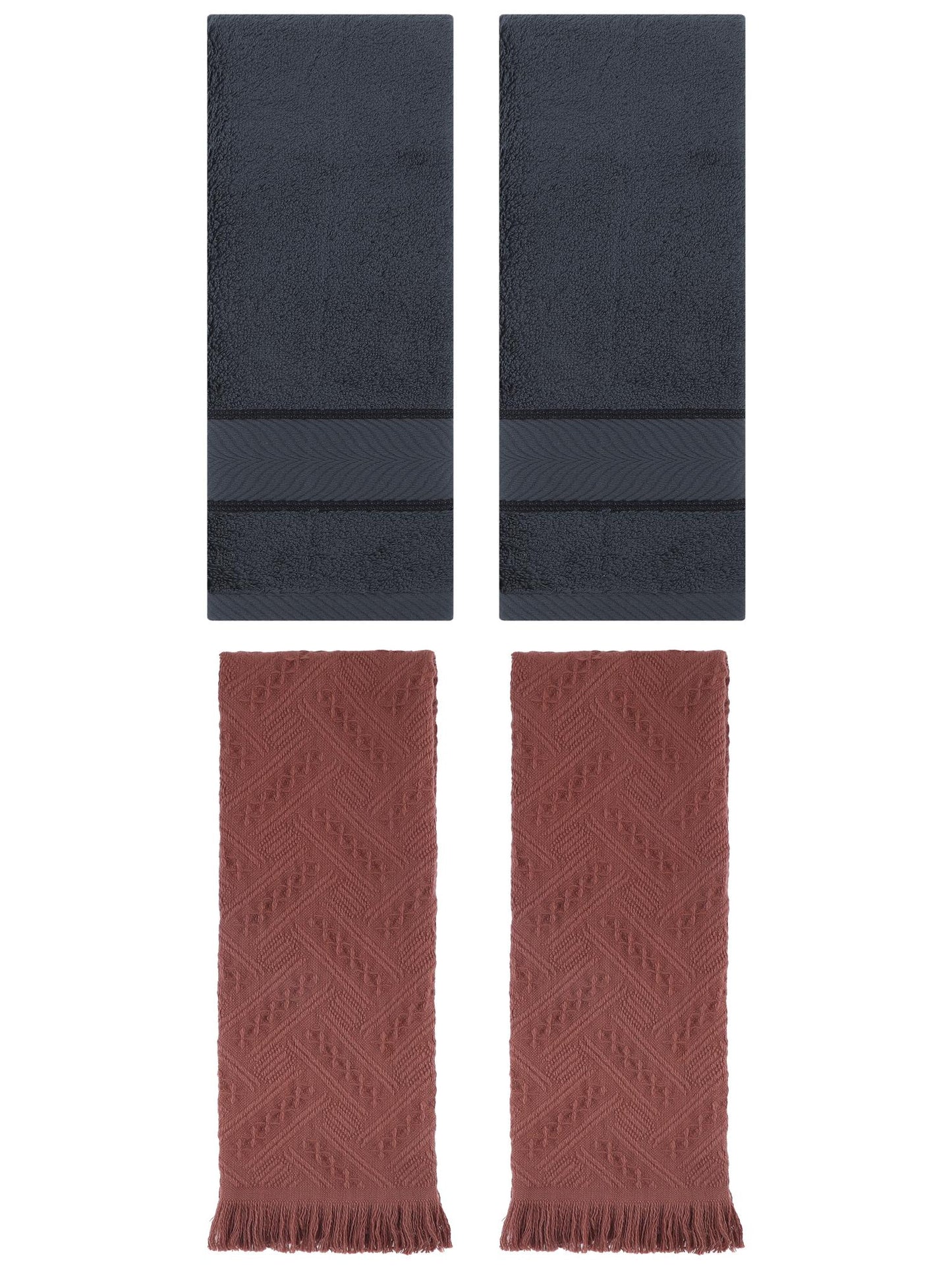 Unique Bargains Sold Striped Cotton Hand Towels 4 Pcs Dark Grey/Brown 14" x 30"/13" x 29"