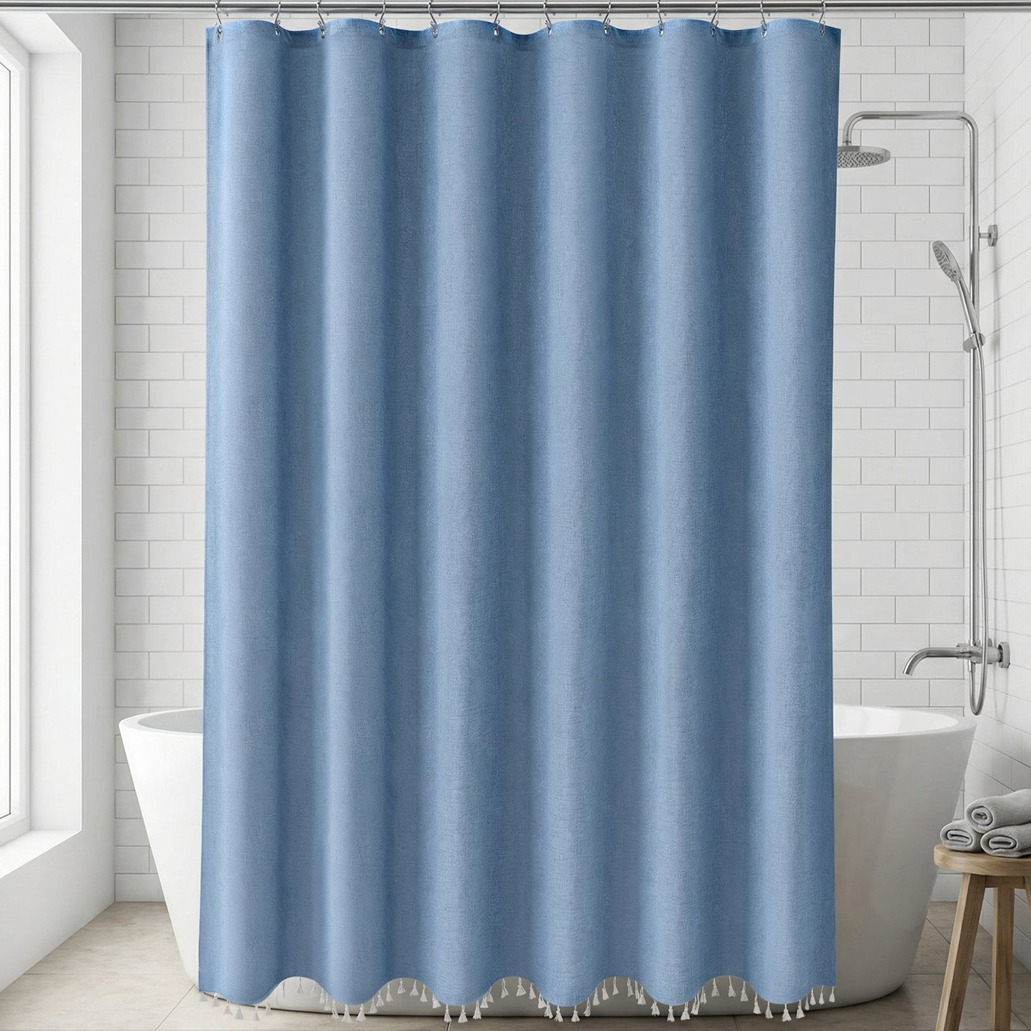 Unique Bargains Solid Trimmed Shower Curtain Sets with 12 Hooks Blue 71"W x 71"L