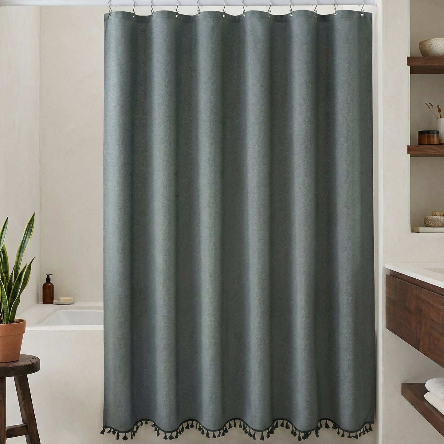 Unique Bargains Solid Trimmed Shower Curtain Sets with 12 Hooks Green 71"W x 71"L