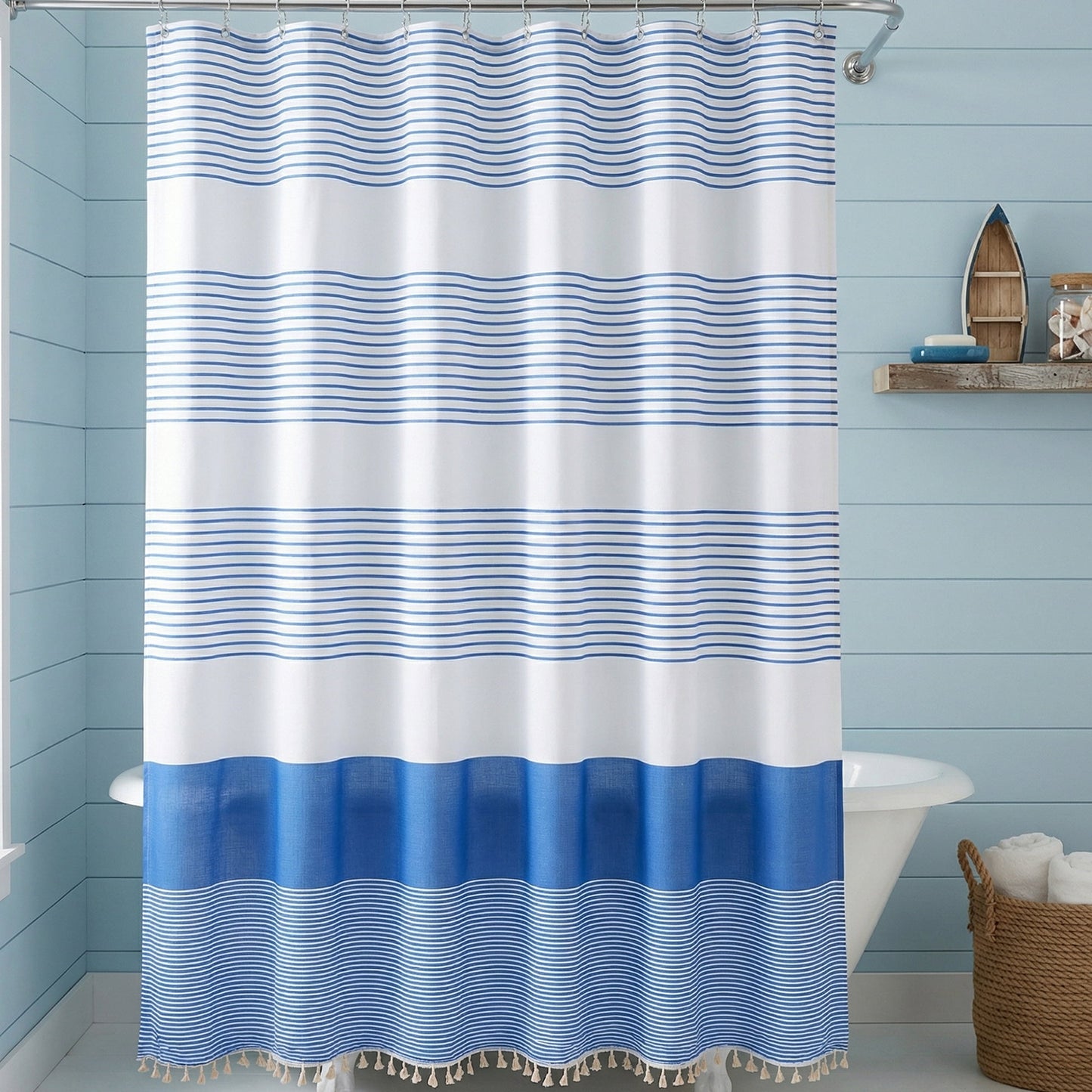 Unique Bargains Striped Waterproof Shower Curtain Sets with 12 Hooks Blue 72"W x 72"L
