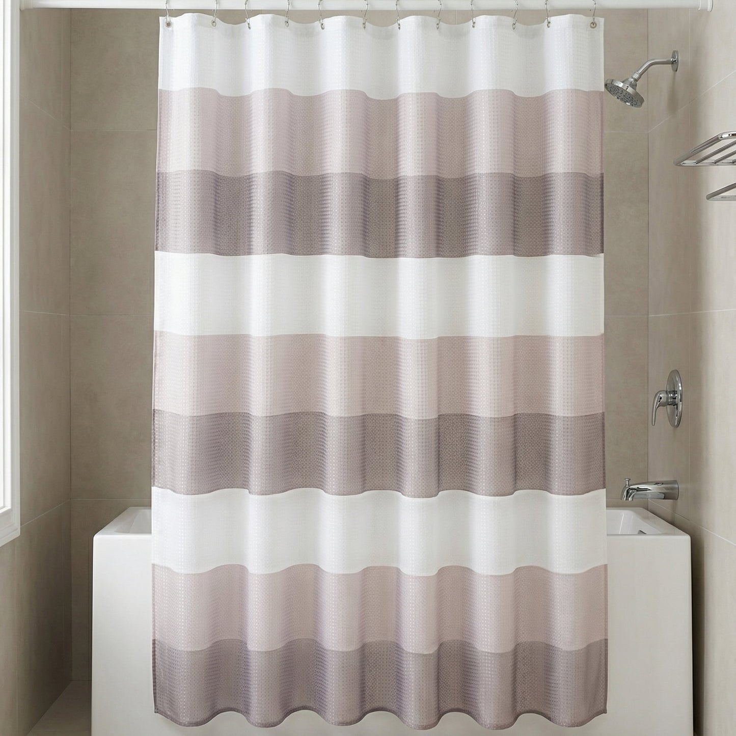 Unique Bargains Waffle Stripe Shower Curtain Sets with 12 Hooks Grey 71"W x 71"L