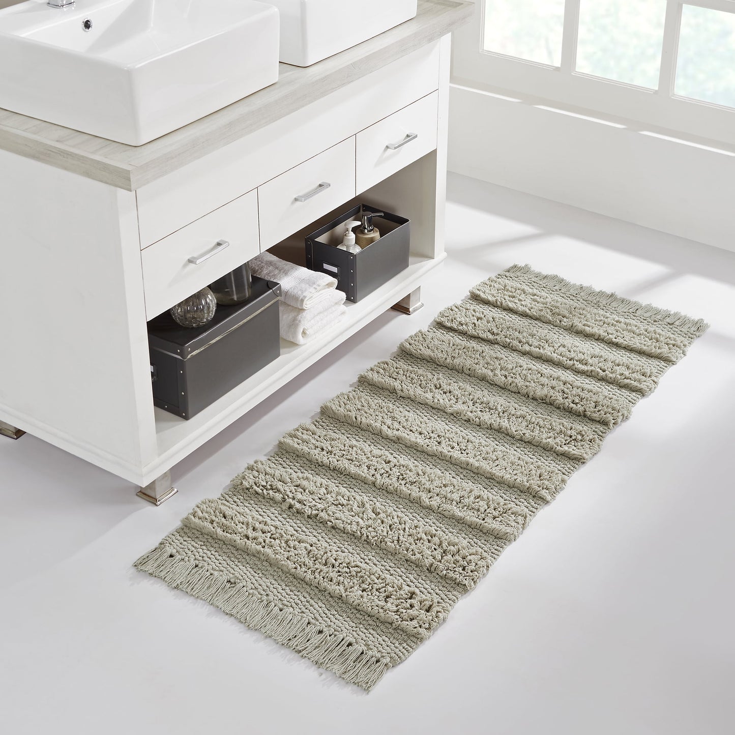 VCNY Home Savannah Fringe Taupe Stripe Cotton Blend Bath Runner Rug, 24" x 60"