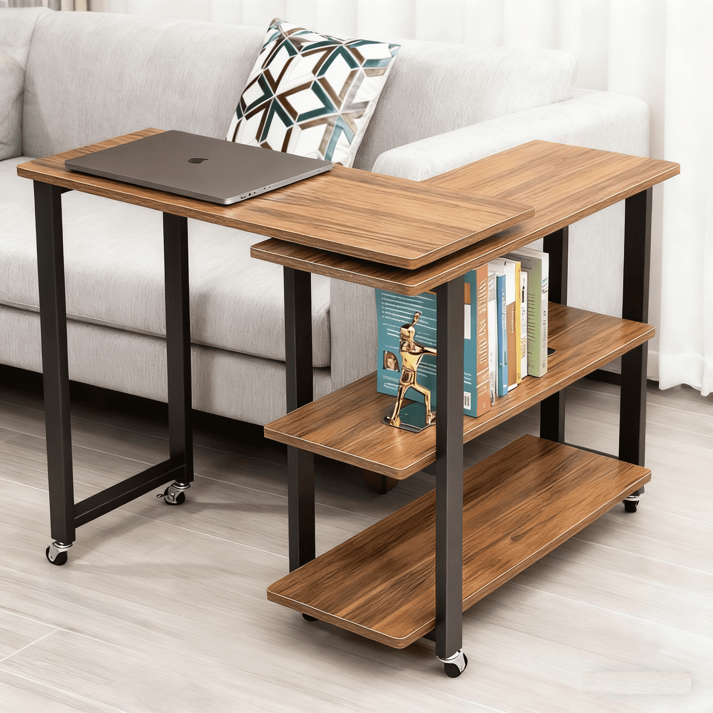 VIVOHOME Sofa Side Table with 2 Tiers Storage Shelves 6 Universal Casters for Home Office