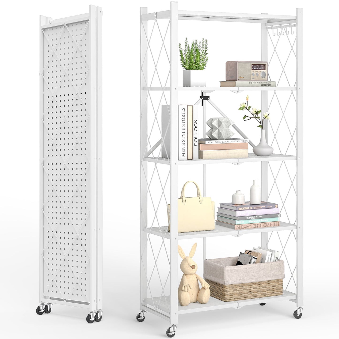Vebreda 5-Tier Foldable Metal Storage Shelf with Wheels, No-Assembly Collapsible Shelving Unit, Heavy-Duty Rolling Organizer Rack