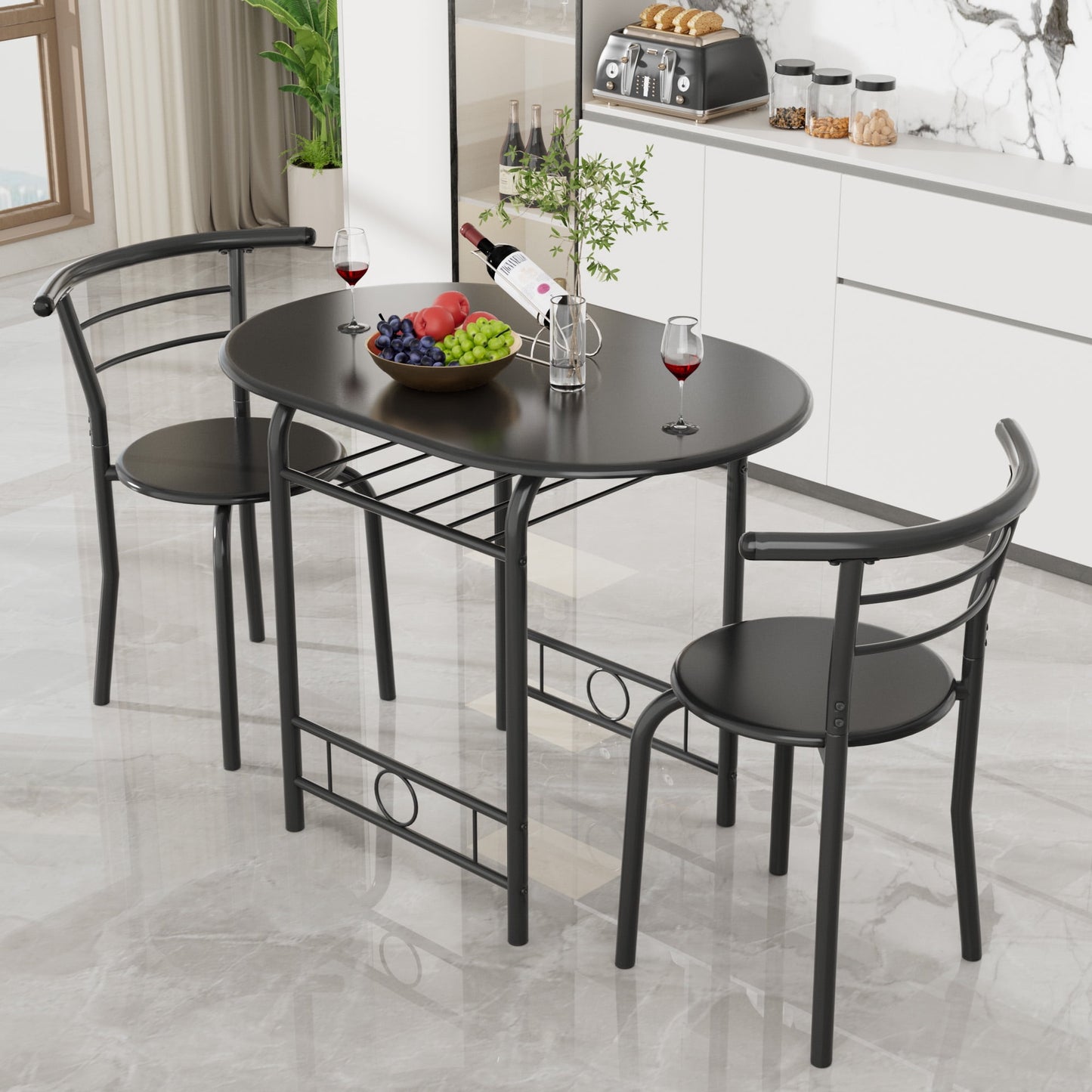 Vineego Black 3-Piece Dining Table Set with Space-Saving Wooden Chairs