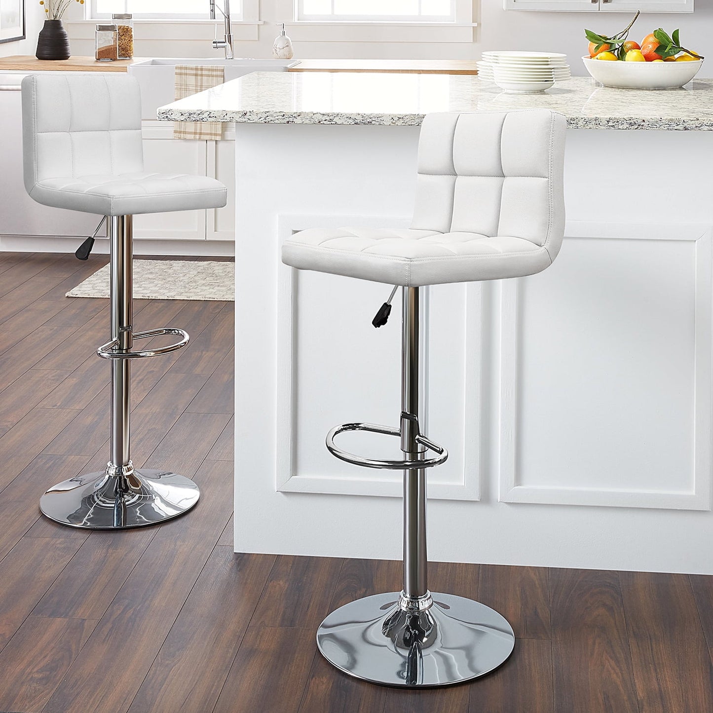 Vineego Modern Square PU Leather Swivel Adjustable Bar Stool, Set of 2, Bar Stool for Kitchen Counter,White