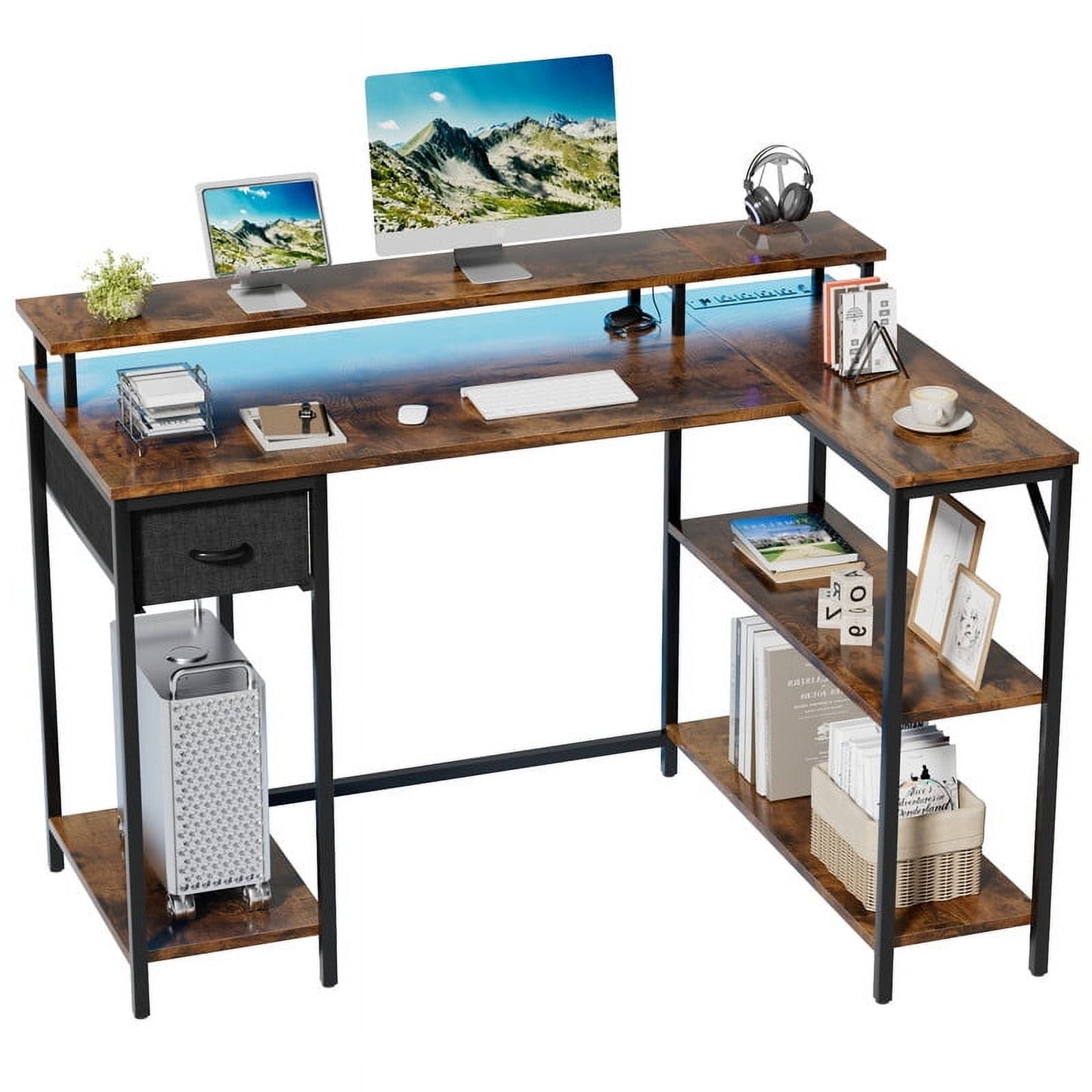 Vineego Reversible L-Shaped Desk with LED with Power Outlets and Shelves,Brown