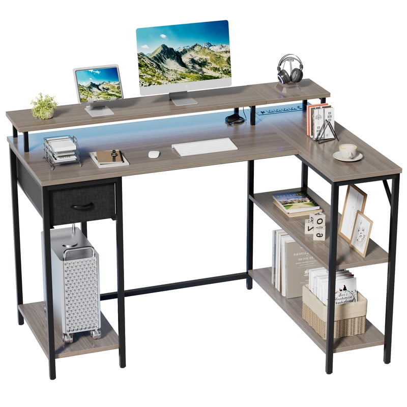 Vineego Reversible L-Shaped Desk with LED with Power Outlets and Shelves,Gray