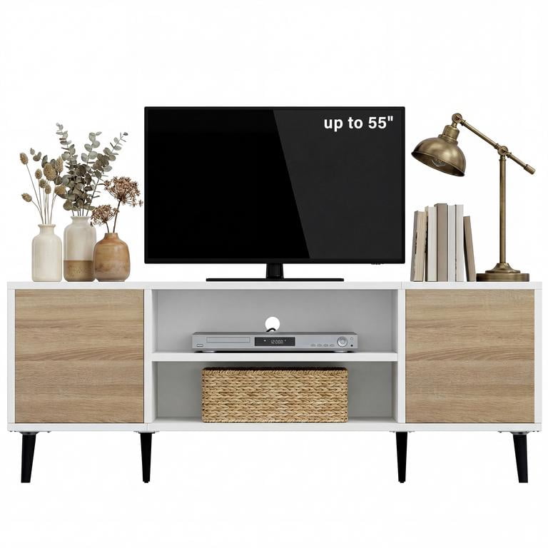 Vineego TV Stand for 55 Inch TV with 2 Push-to-Open Doors, Mid-Century Modern Media Console with Open Shelves, Entertainment Center for Living Room Bedroom, Beige & White