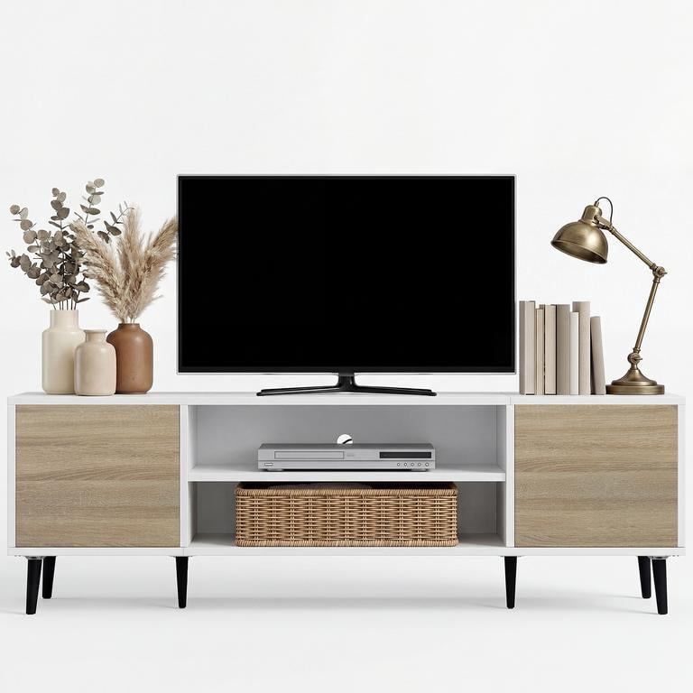 Vineego TV Stand for 65 Inch TV with 2 Push-to-Open Doors, Mid-Century Modern Media Console with Open Shelves, Entertainment Center for Living Room Bedroom, Beige & White