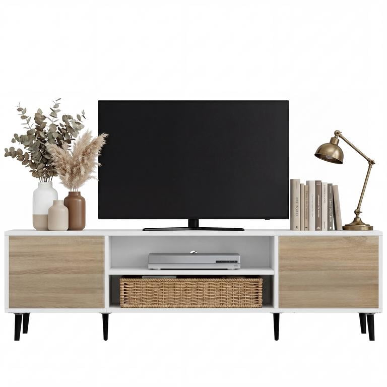 Vineego TV Stand for 70 Inch TV with 2 Push-to-Open Doors, Mid-Century Modern Media Console with Open Shelves, Entertainment Center for Living Room Bedroom, Beige & White