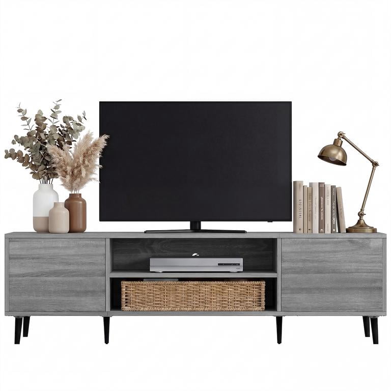 Vineego TV Stand for 70 Inch TV with 2 Push-to-Open Doors, Mid-Century Modern Media Console with Open Shelves, Entertainment Center for Living Room Bedroom, Gray
