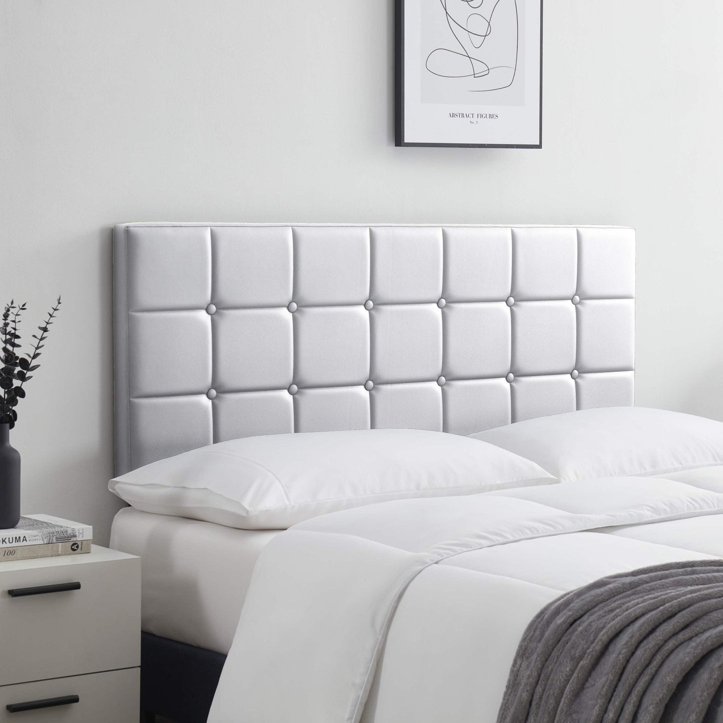 LammaLoe Faux Leather Button Square Tufted Queen Headboard with Adjustable Height, White, Queen