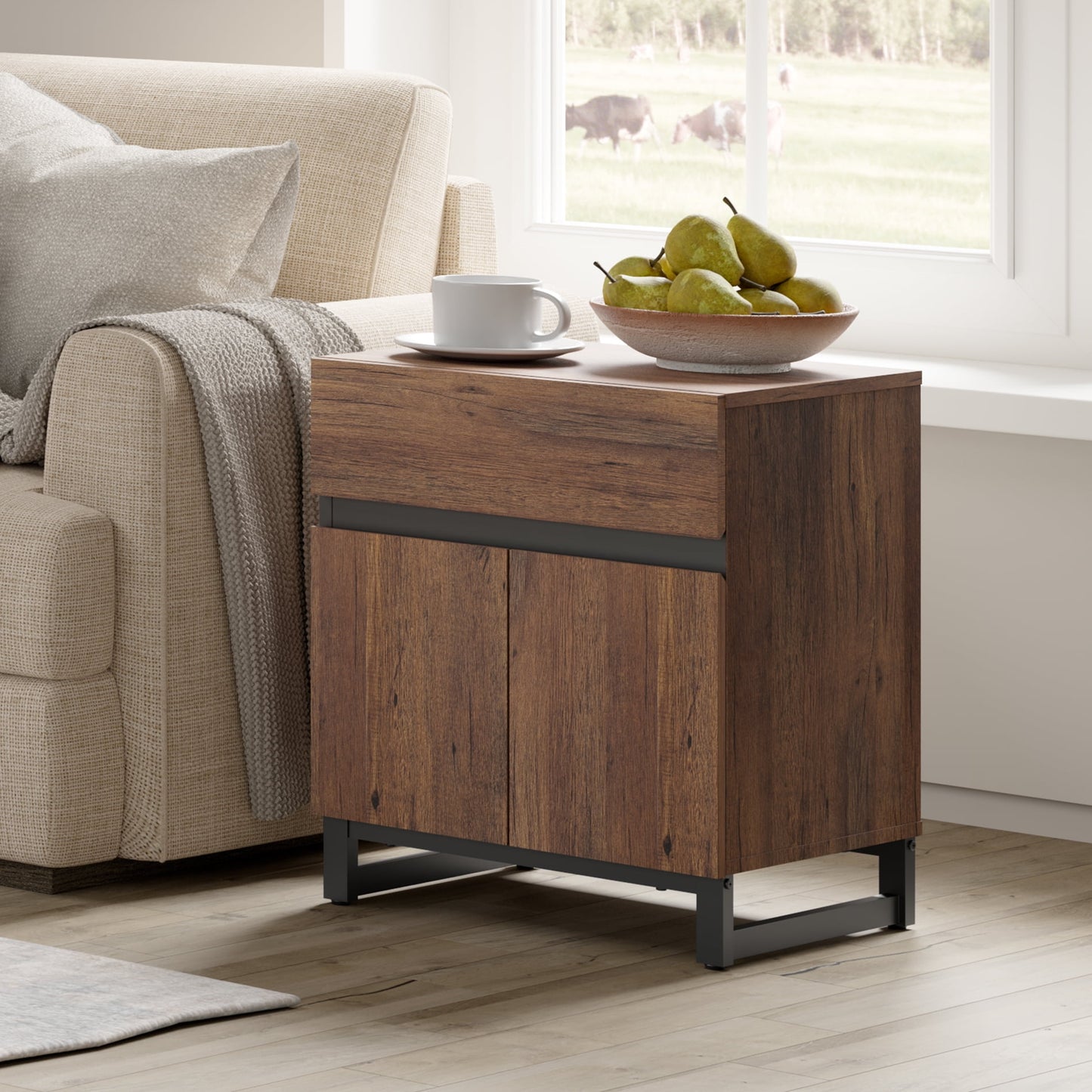 WAMPAT Modern Farmhouse End Table,1 Drawer & 1 Storage Cabinet with 2 Open Doors,Wood Rustic Sofa & Side Table for Living Room & Bedroom Nightstand