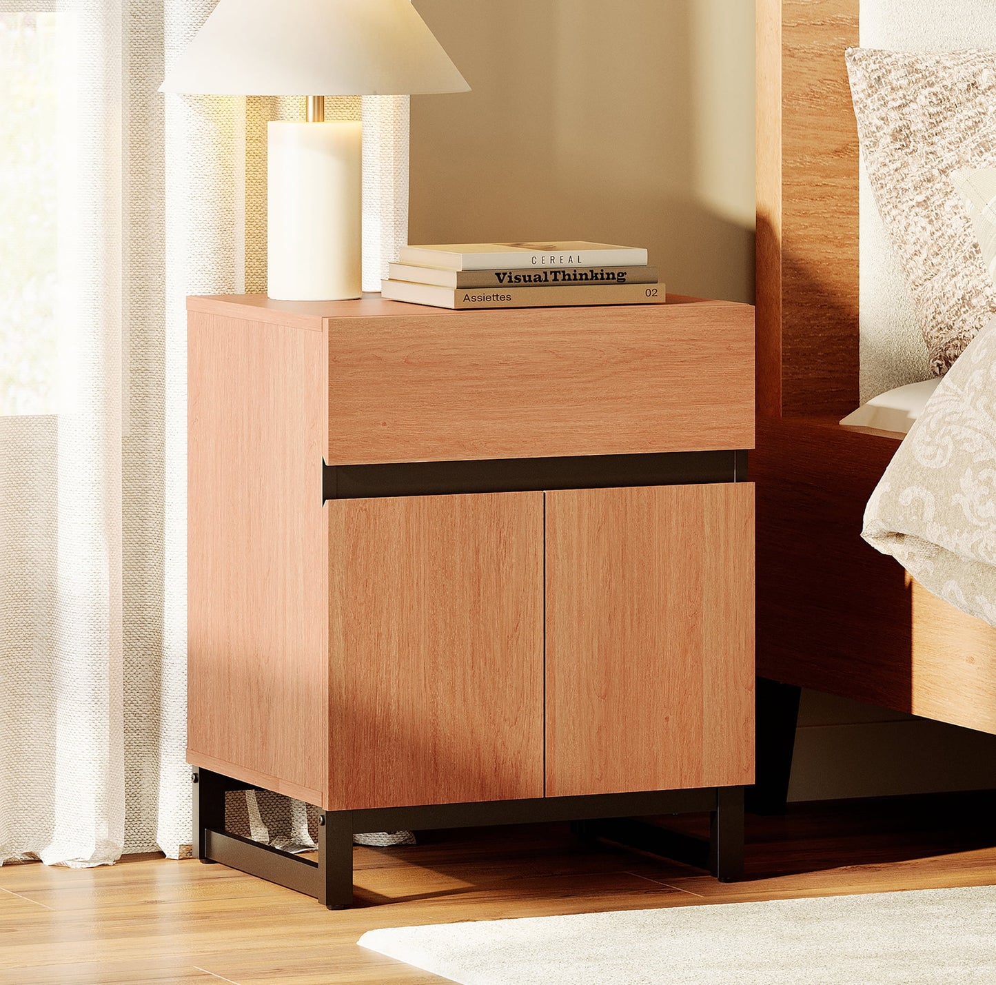 WAMPAT Nightstand with 1 Drawer & 1 Storage Cabinet, Modern Bedside Table with 2 Open Doors for Bedroom, Wood Rustic Side End Table for living Room.